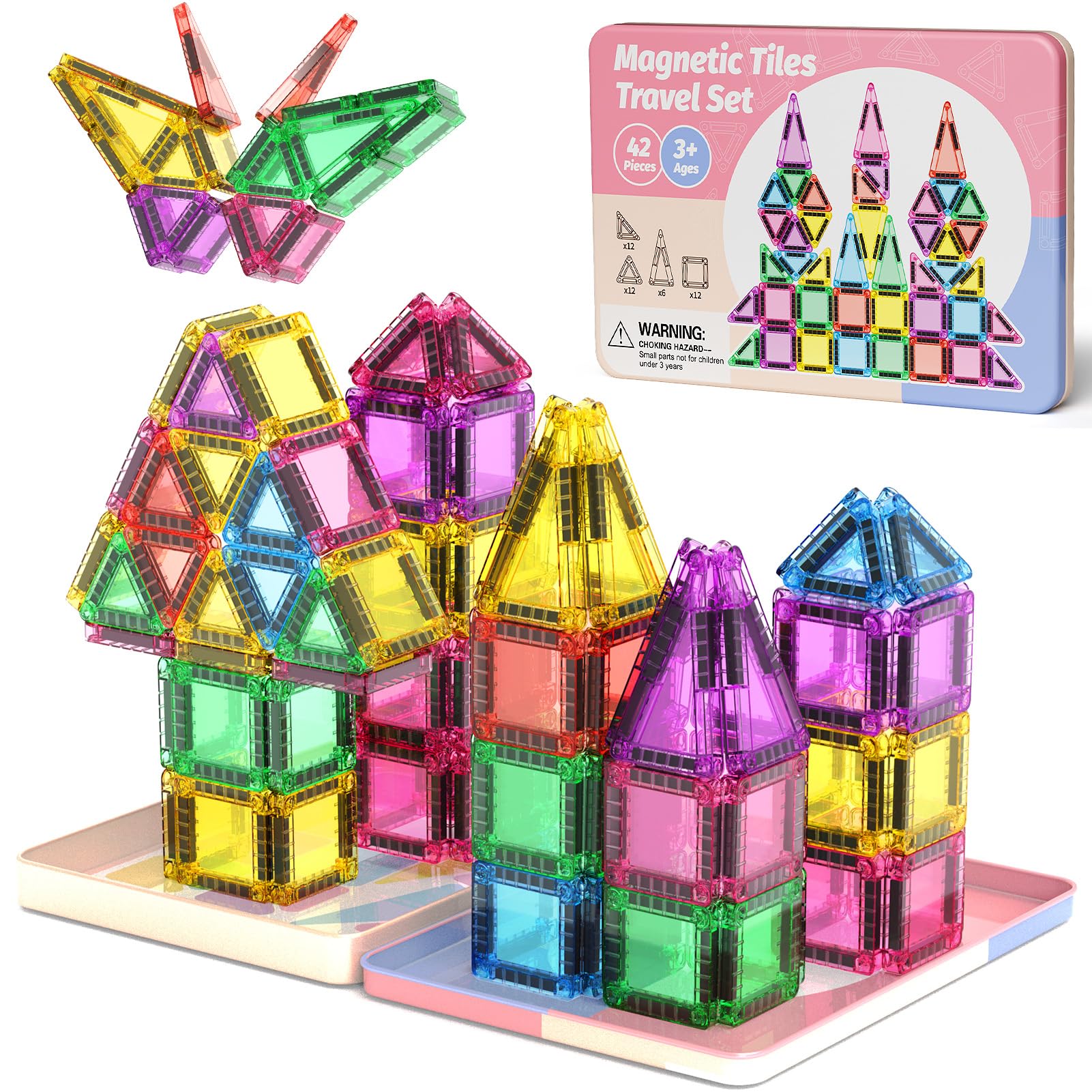 WMXDU Mini Magnetic Tiles with Iron Box, 42PCS Travel Size Magnet Building Blocks Toy Set, Protable Construction Block Toys Educational Learning Sensory Toys for 3+ Year Old Boys Girls Birthday Gift