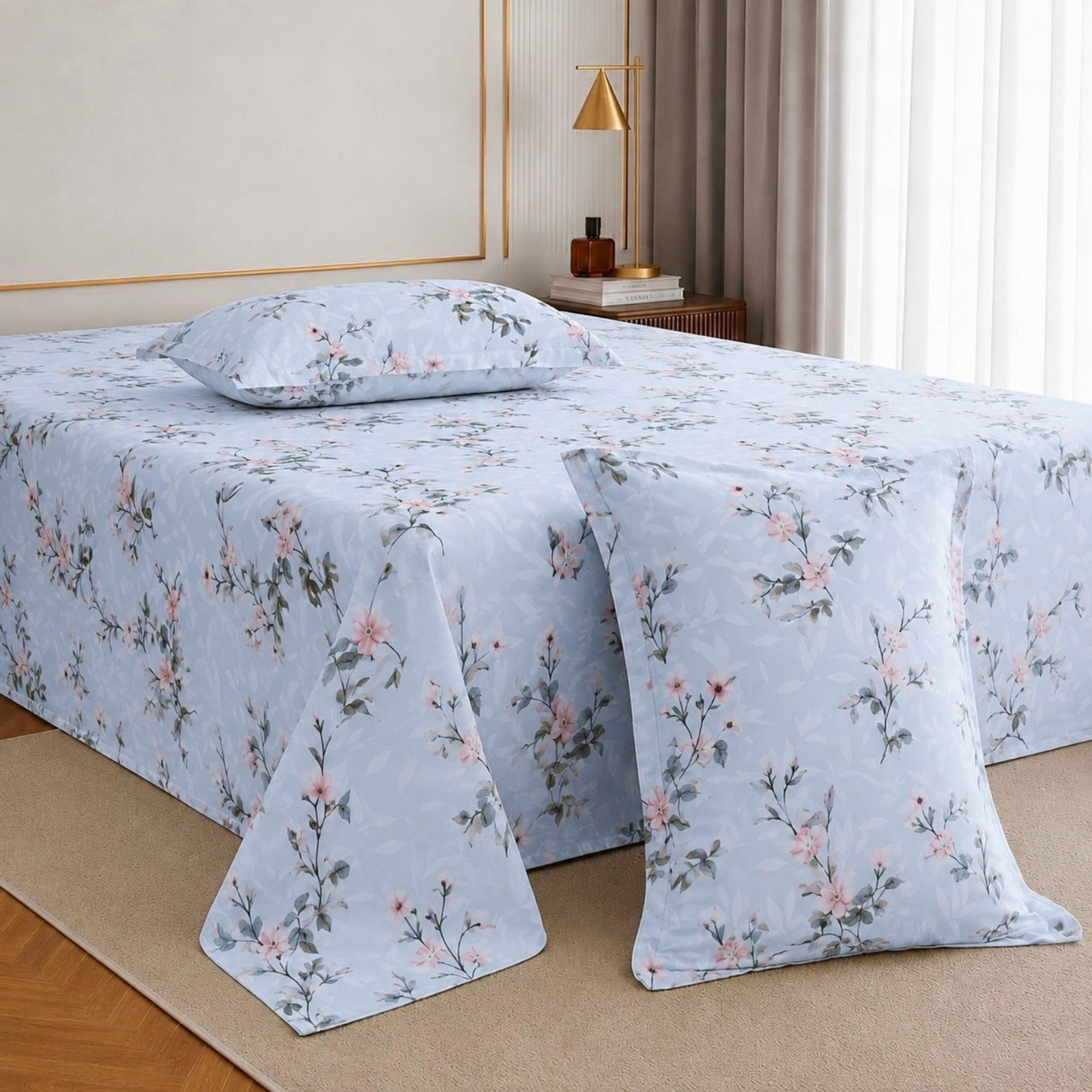 Jaipur Weaves Bedsheet King Size 100% Pure Cotton Bed Sheet with 2 Pillow Covers, 240 TC Premium Bedding Set, Super Soft Cozy (Spring Tulips Blue, Super King)