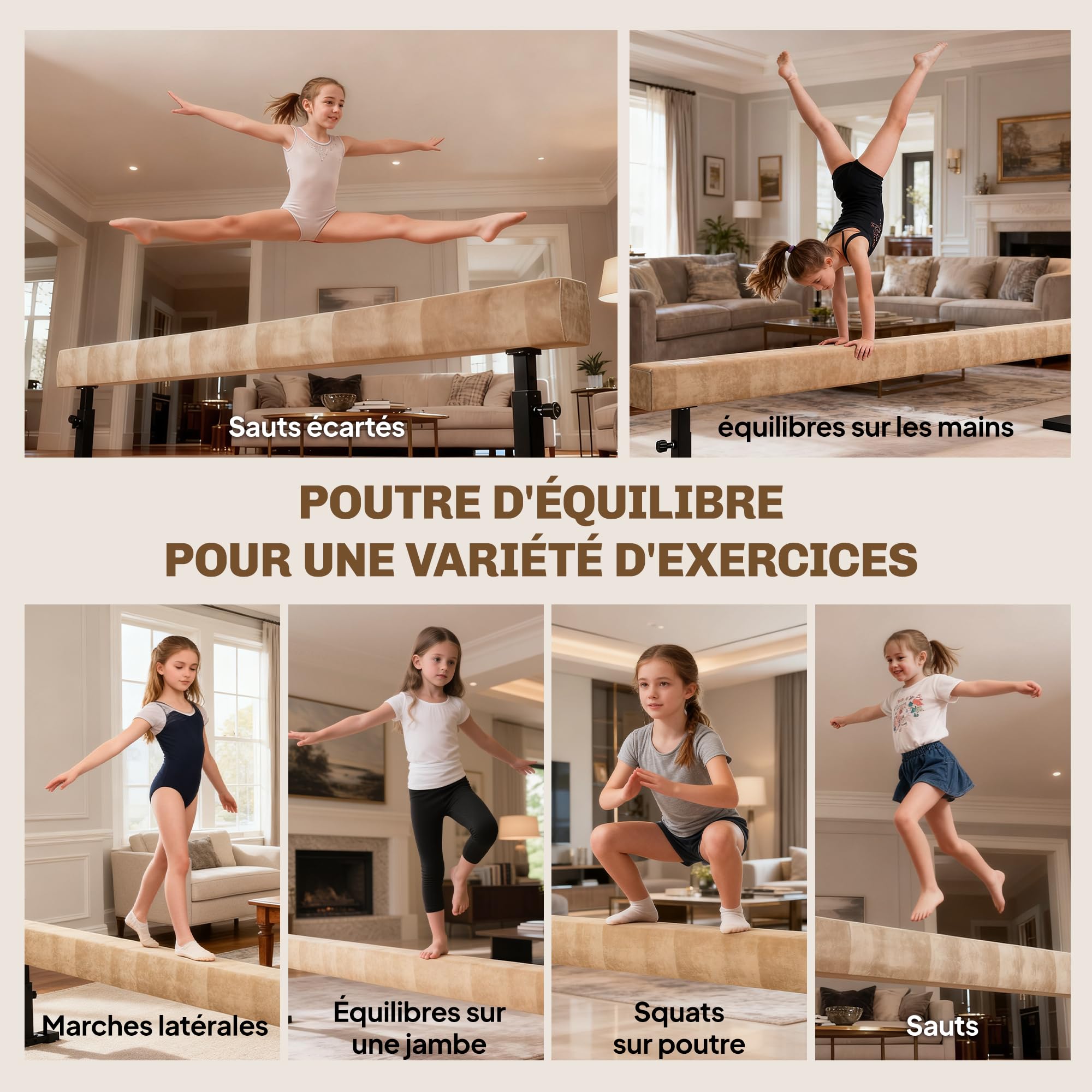 HOMCOM Poutre de Gymnastique 226 cm Antidérapant, Hauteurs Réglables, Poutre d'Équilibre avec roulettes, en Acier et Bois Massif, pour Entraînement à l'Équilibre, Marron