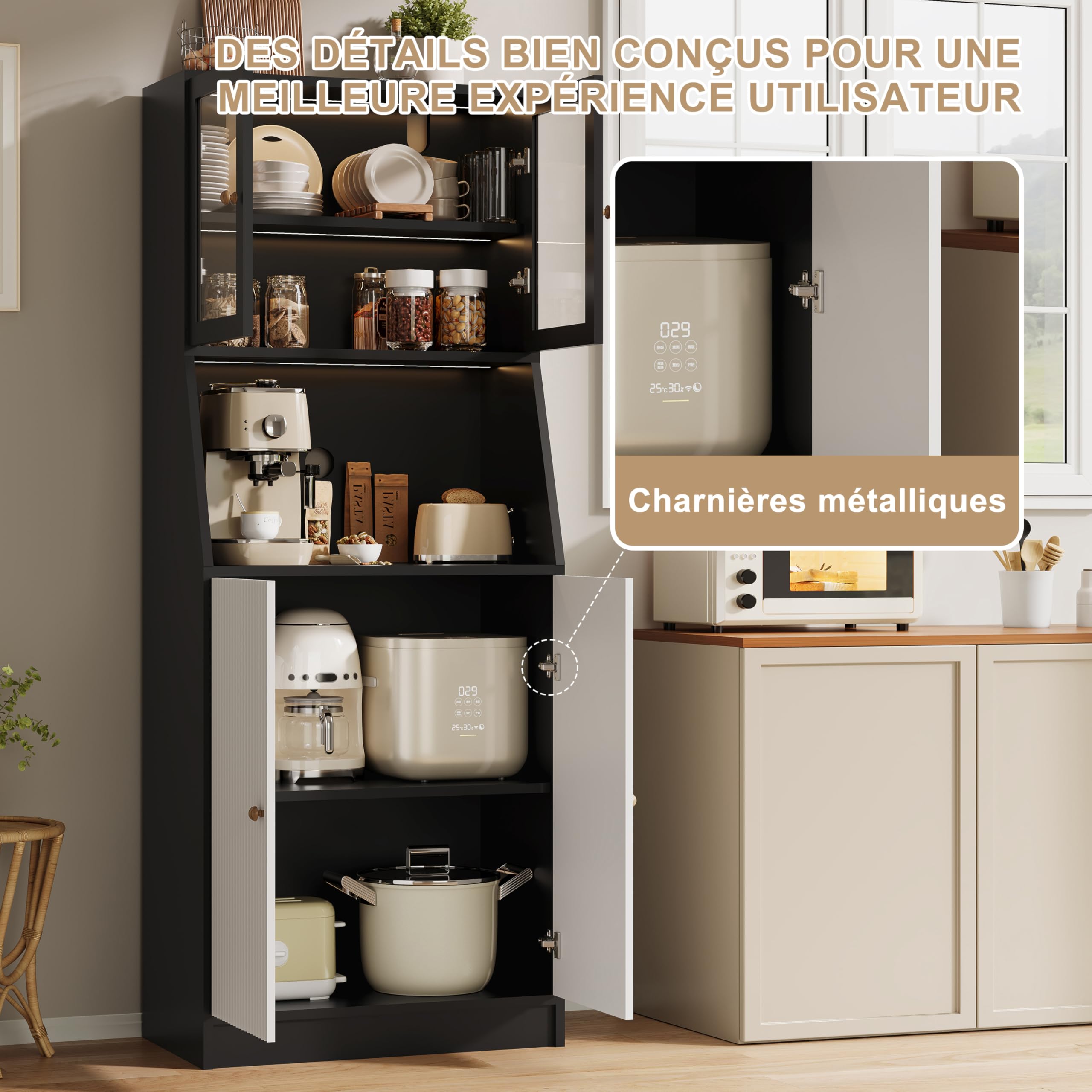 Credenza alta cucina con LED, mobile da cucina con piano di lavoro, armadio da cucina con ripiani regolabili e armadi, credenze, vetrina per sala da pranzo (nero)