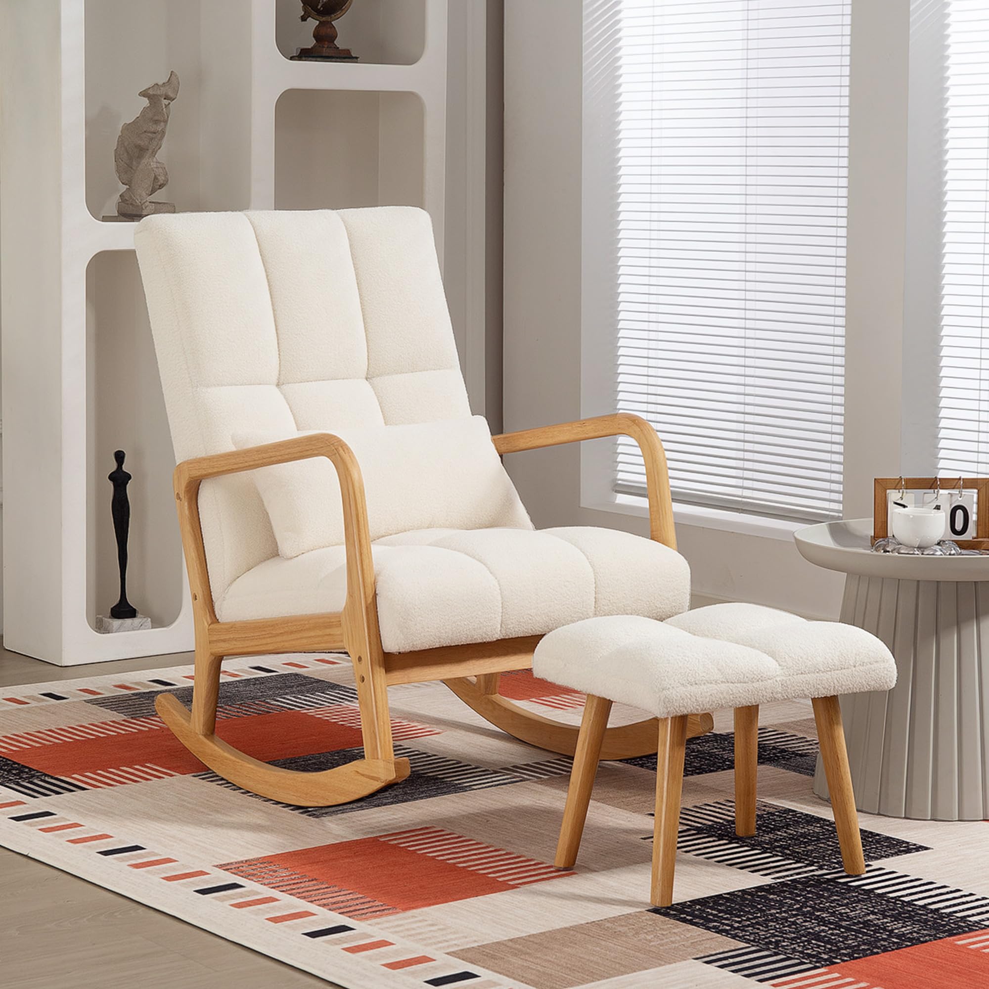HOMCOM Fauteuil à Bascule avec Repose-Pieds, Rocking Chair en Tissu Bouclette, Assise Large, Pieds en Bois, Coussin Inclus, Chaise à Bascule pour Salon, Chambre, Balcon, Blanc