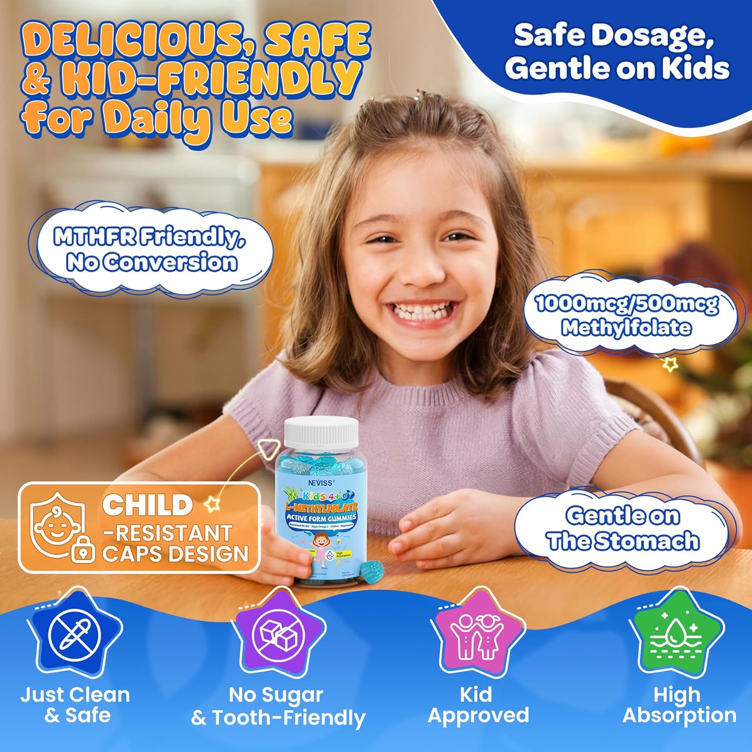 L Methylfolate 1000mcg for Kids Teens Gummies + Methyl B6 B12, Active 5-Mthf Methyl Folate, MTHFR Supplement w/ Choline Omega-3 Magnesium Zinc for Focus Cognition Mood Energy, Sugar Free, Vean, 120Cts