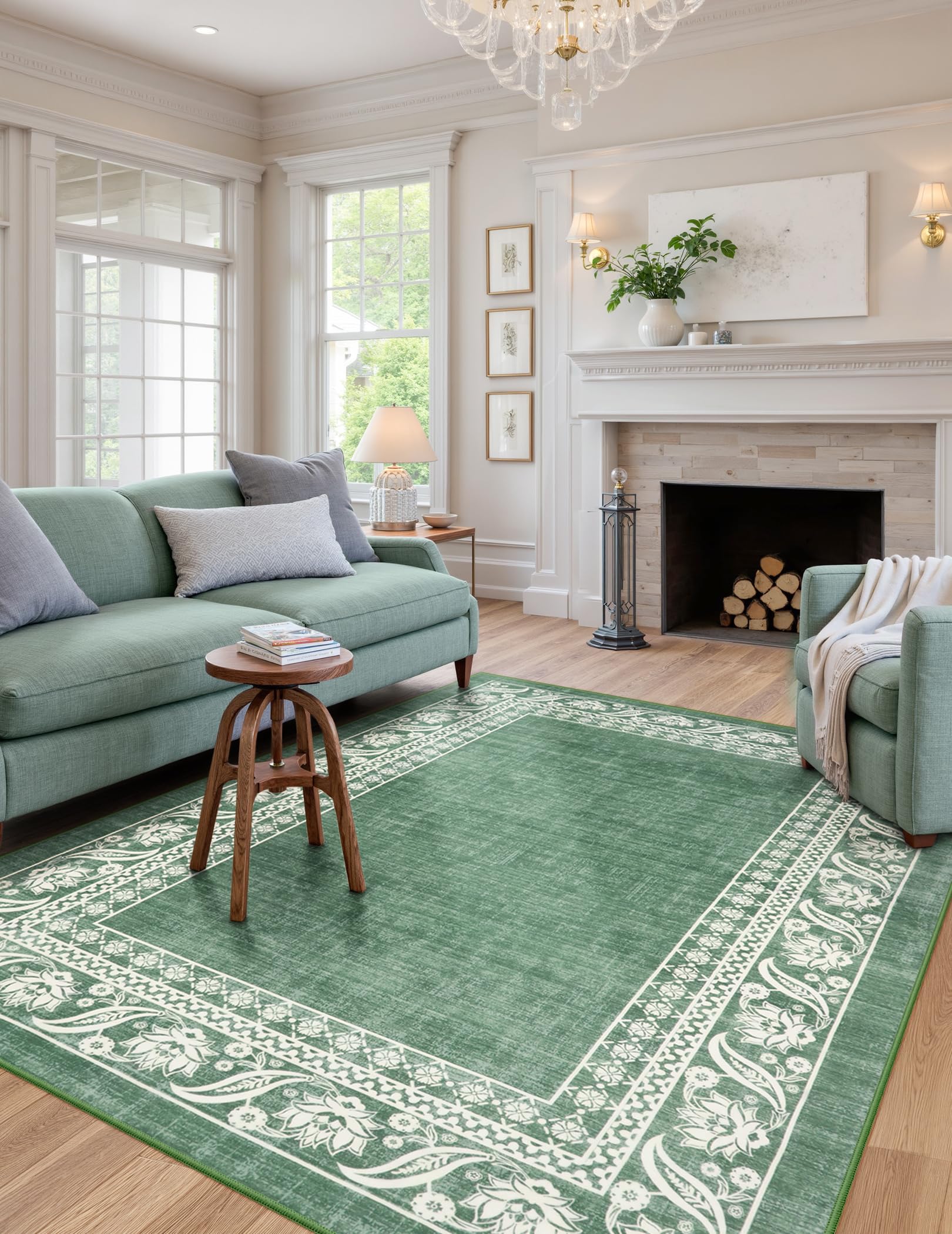 Seavish Vintage Bordered Area Rugs 8x10 Large Boho Rugs for Living Room Green Area Rugs for Bedroom Aesthetic Soft Ultra-Thin Non-Slip Washable Farmhouse Floor Carpet for Dining Room Nursery
