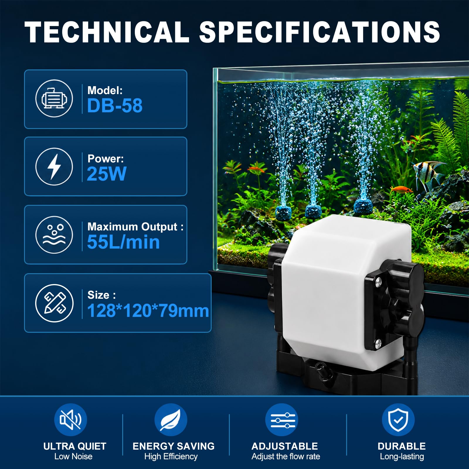 EXLECO Aquarium Luftpumpe 25W 55L/min regelbar