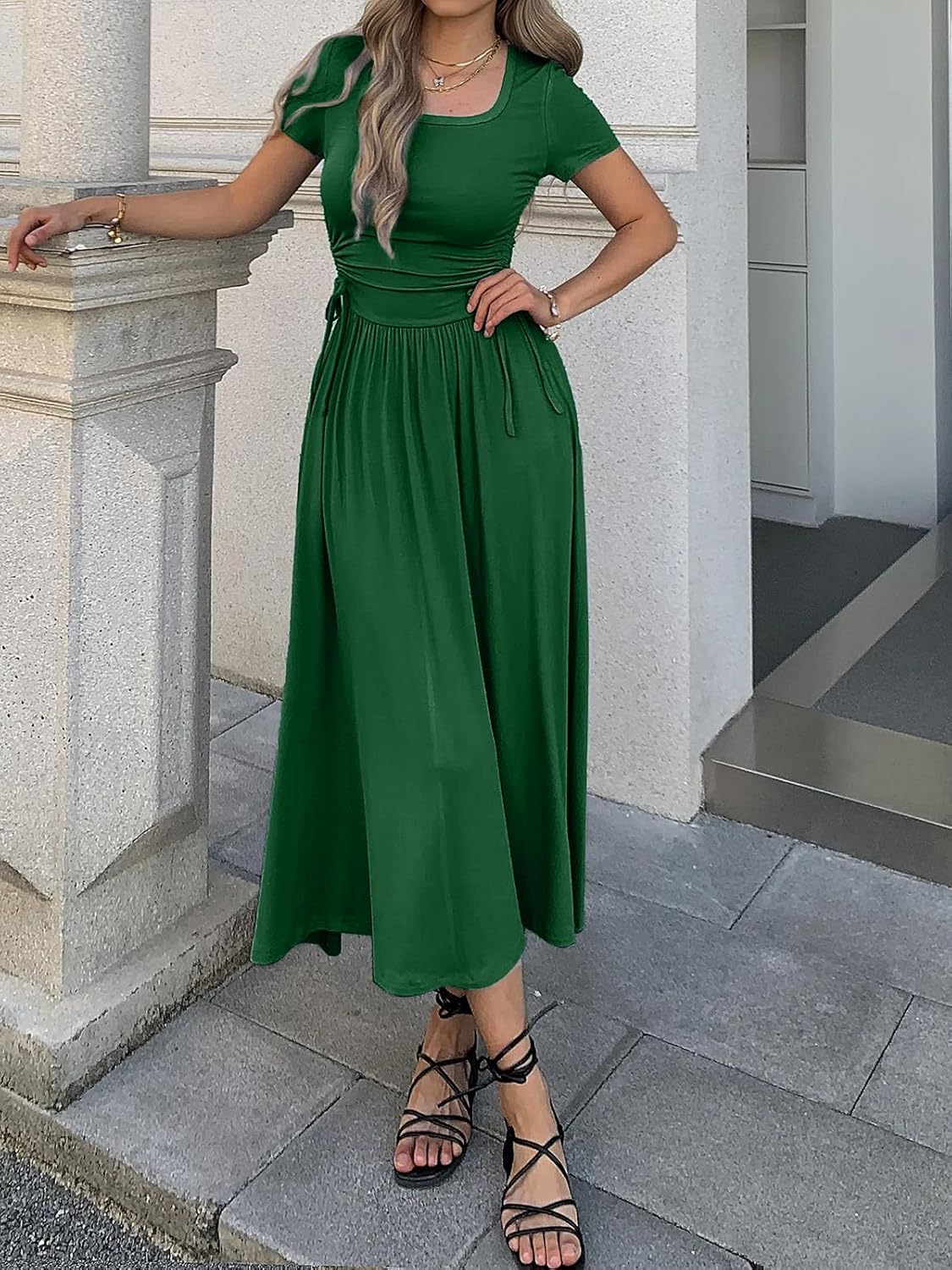 Women’s Short Sleeve Maxi Dress Bodycon Long Dress Adjustable Waist Flowy Hem Stretch Casual Dresses with Pockets - Image 3