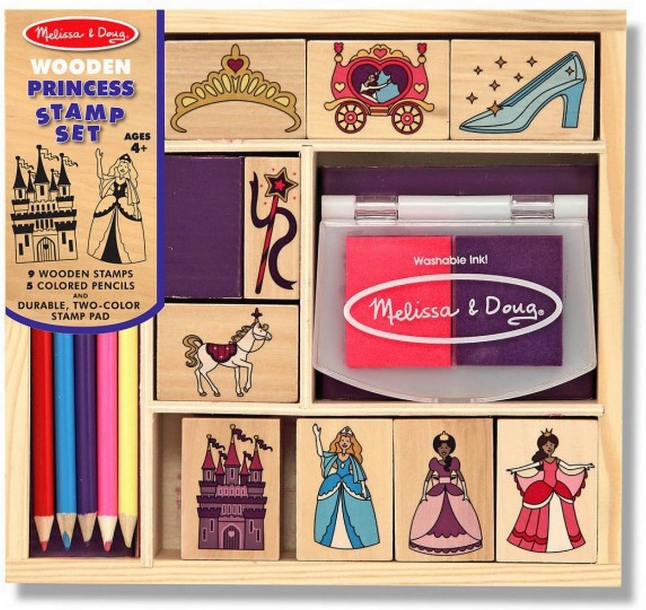Melissa & Doug Wooden Princess Stamp Set: 9 Stamps, 5 Colored Pencils, and 2-Color Stamp Pad