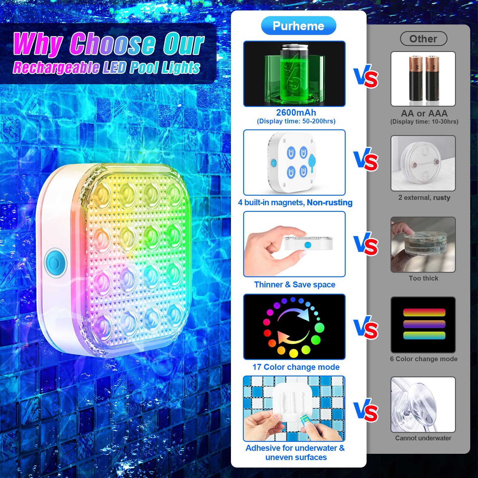 Luci subacquee wireless ultra sottili per piscina con telecomando, impermeabili, magnetiche, subacquee, ricaricabili, 2600 mAh, durano fino a 50 ore, 17 modelli che cambiano colore,