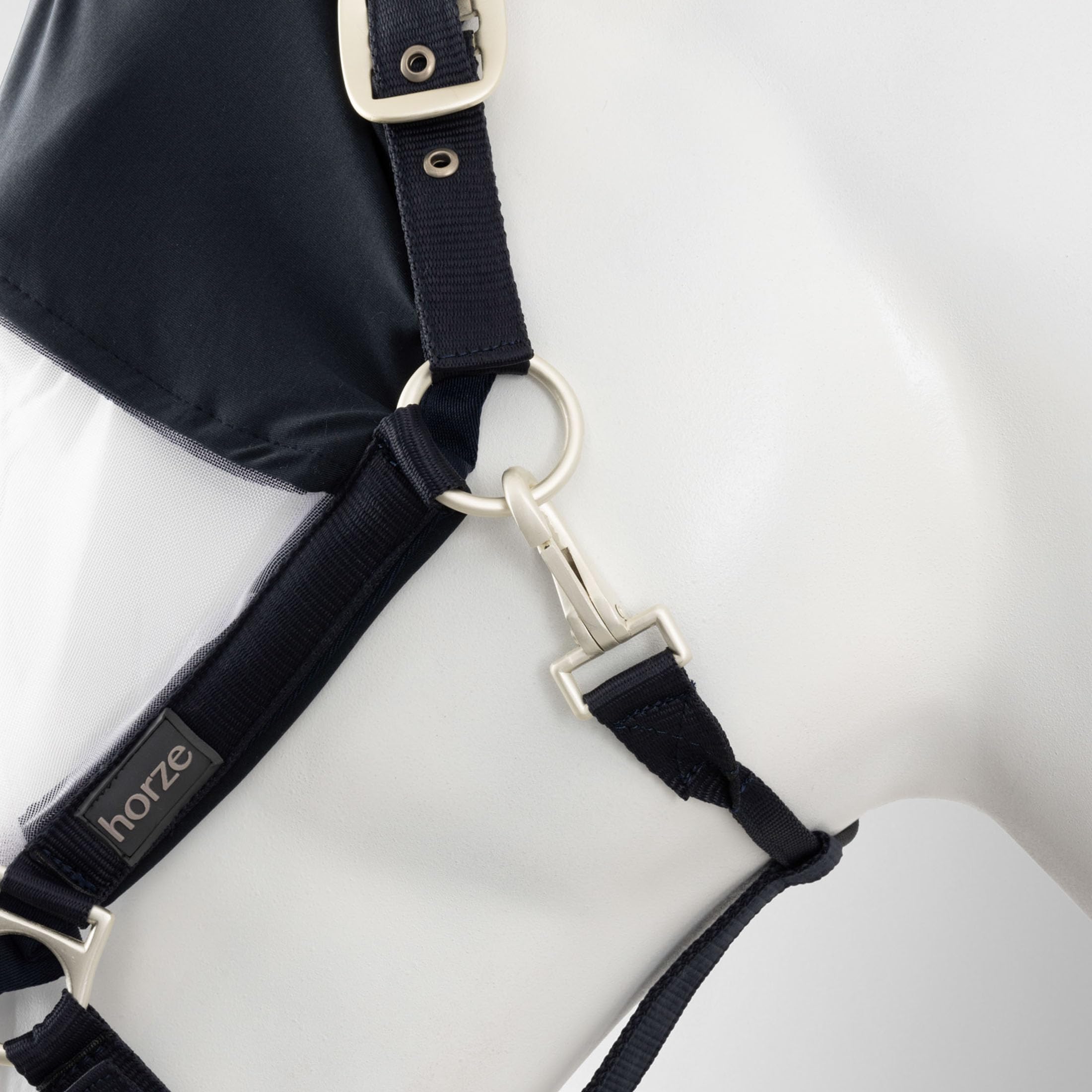 Horze Paso Fino Pferde Halfter mit Integrierter Fliegenmaske – Robustes Halfter mit UV-Schutz, Ohren- & Augenschutz, Blau, XF