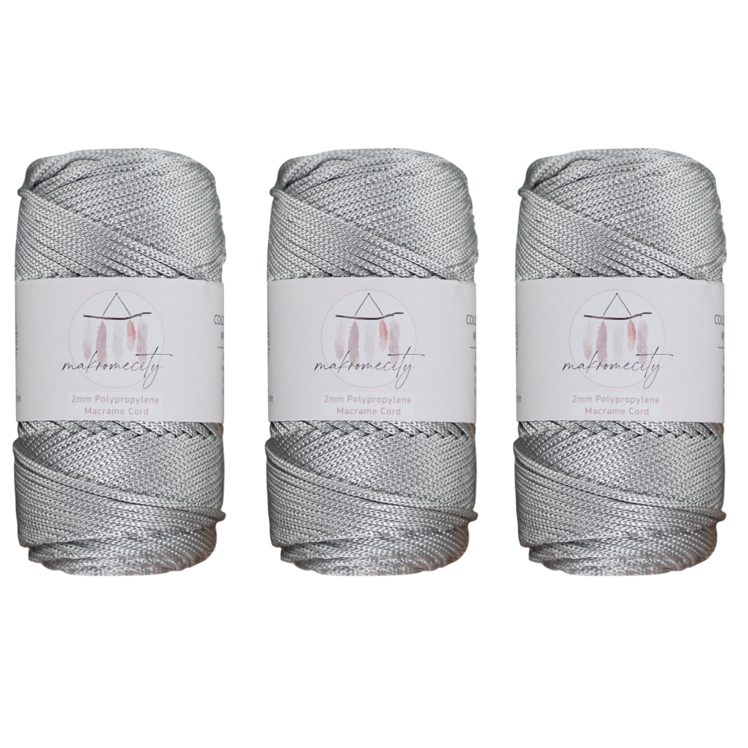 Makromecity Polyester Macrame Cord 2mm x 375 Yards (1125 feet) 3 Skeins Light Grey