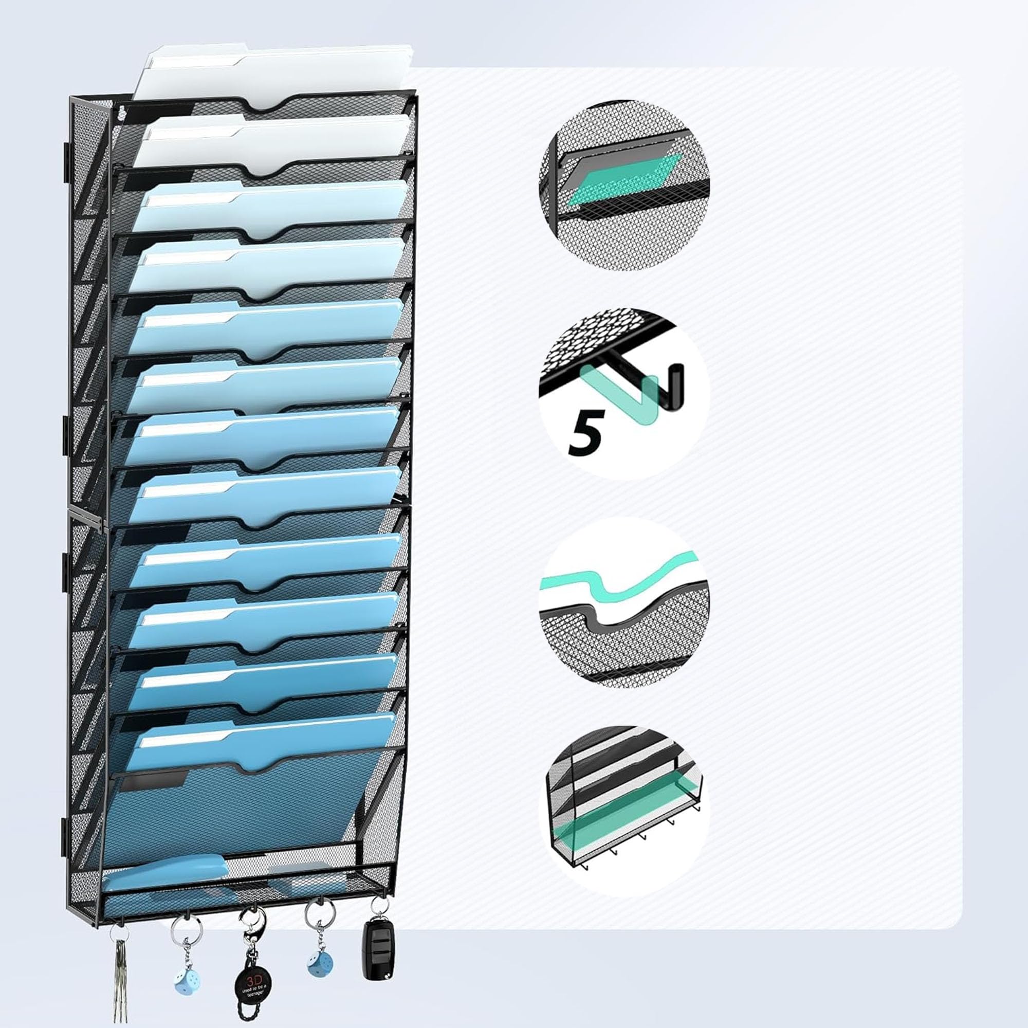 Allecto plus - Ruime A4 Mesh opbergbak voor aan de muur - Voor post en tijdschriften