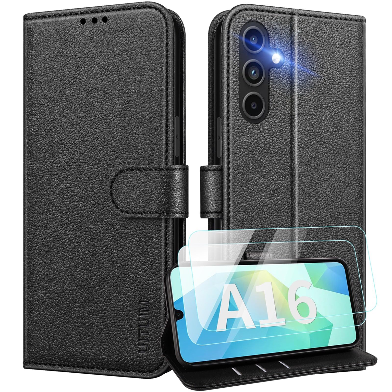 UITUIM Cover per Samsung Galaxy A16 5G/4G Custodia con 2 Vetro Temperato Pellicola a Libro Portafoglio in Pelle Porta Carte Protettiva Flip Case,Nero