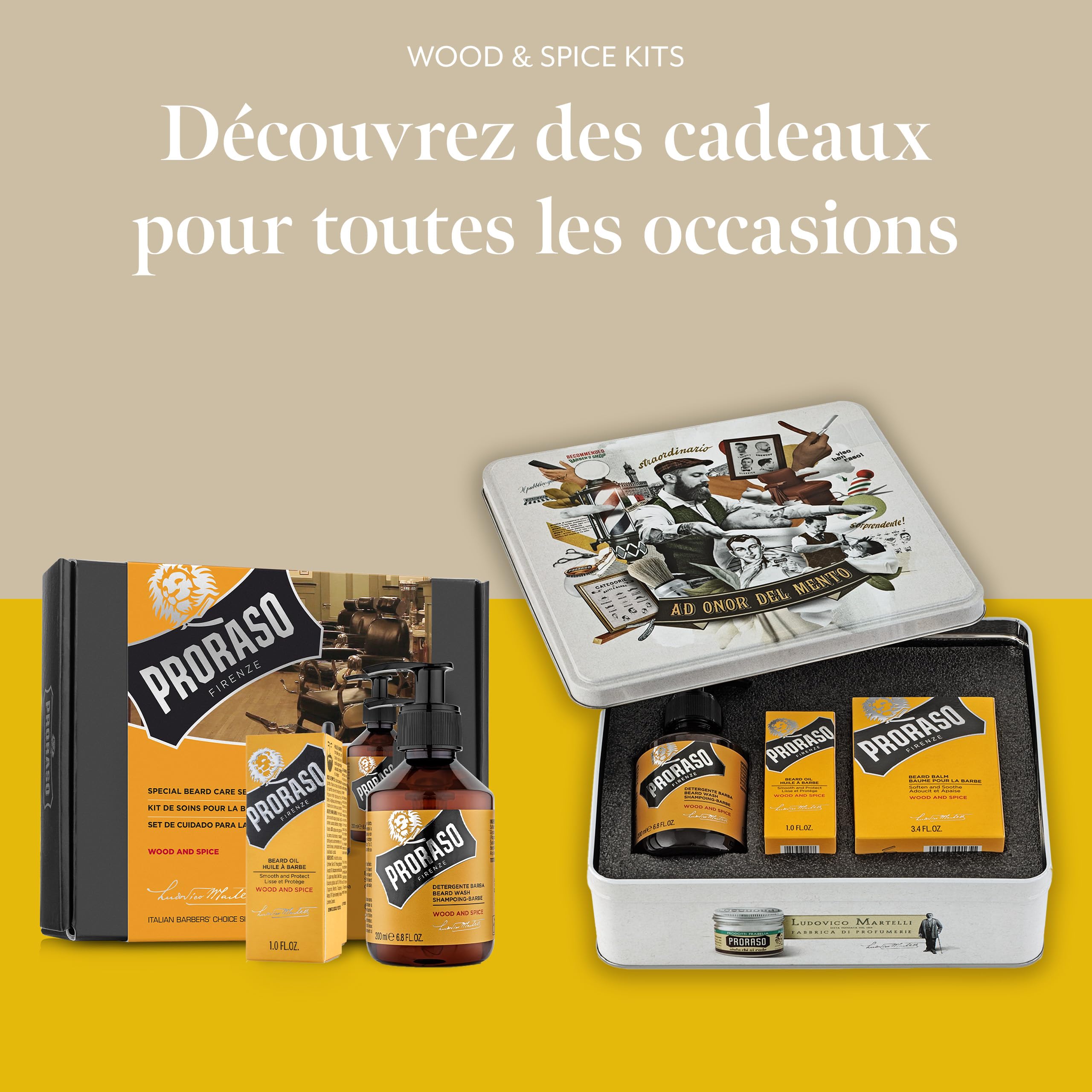Proraso Coffret Soin Barbe Wood & Spice (2 produits) - Coffret cadeau pour hommes avec nettoyant à barbe et huile à barbe, parfum avec cumin et safran - Fabriqué en Italie