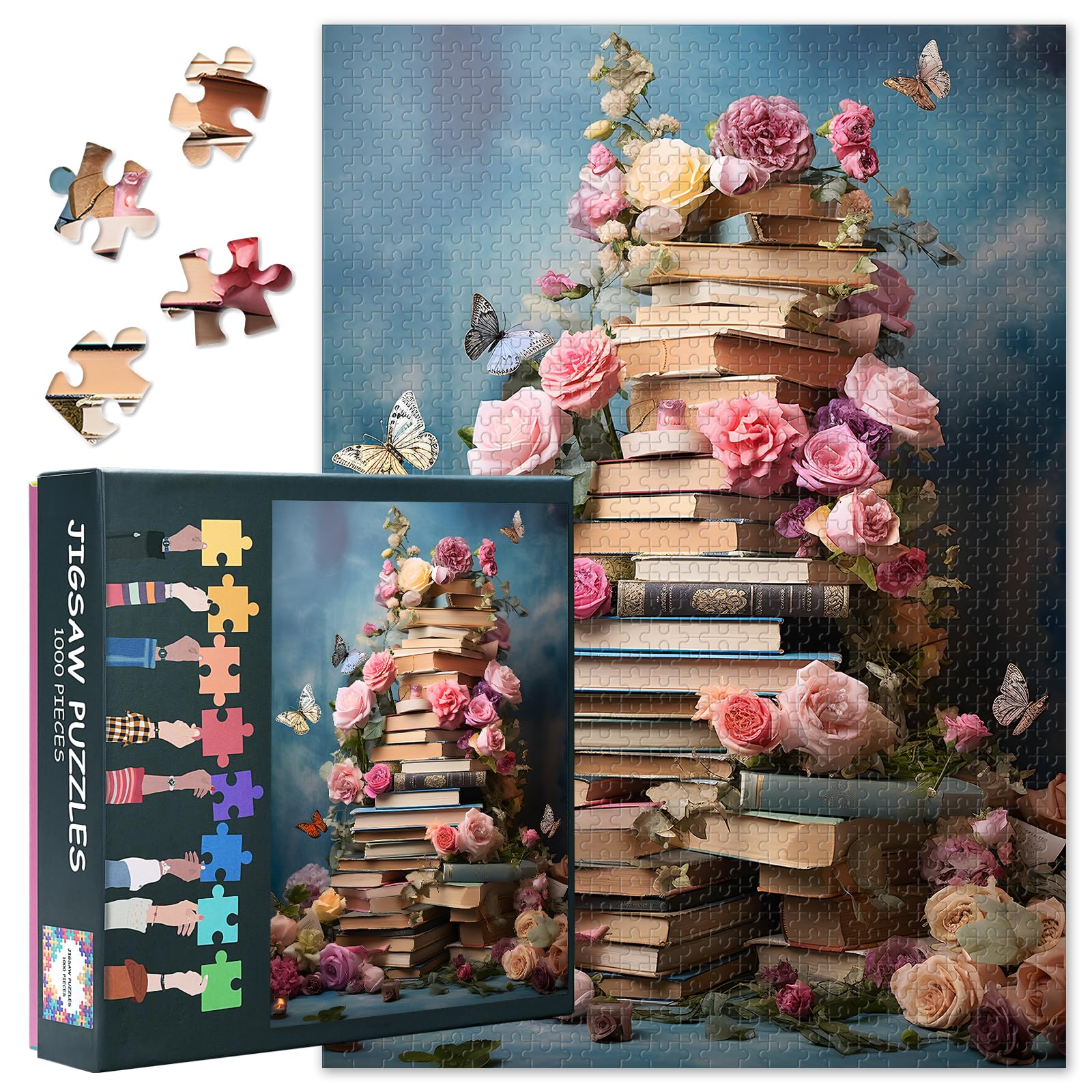 Butterflies Puzzles for Adults 1000 Pieces, Pile of Books with Flowers Jigsaw Puzzles, Adult Puzzle for Adults, Educational Fun Games or Toys for Elders Friends 20X27 INCH