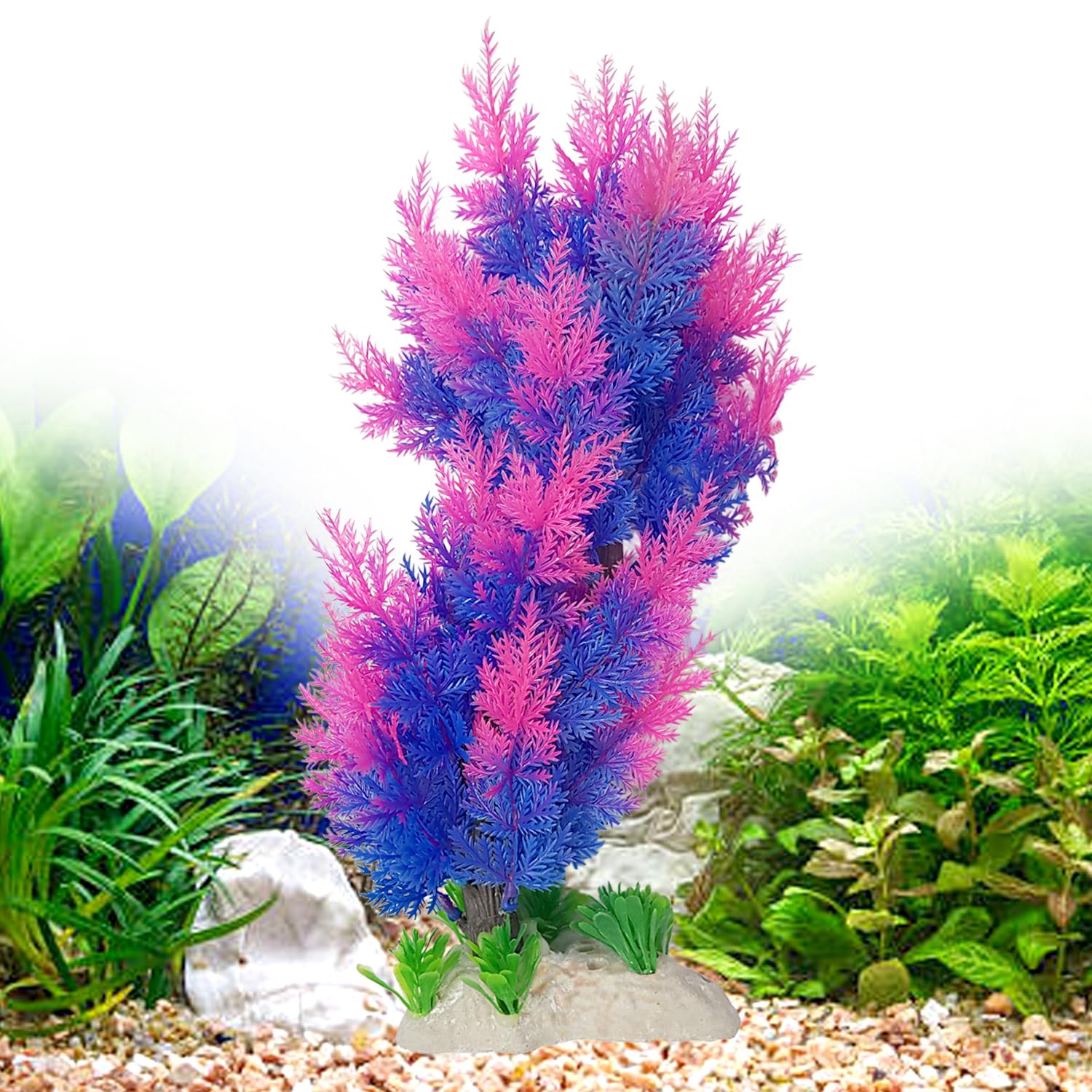 JAINSONS PET PRODUCTS Artificial Aquarium Plant Decoration – 12.5 Inch Pink & Blue Plastic Aquatic Plant with Rock Base for Fish Tank, Bowl & Aquascaping (Non-Toxic, Durable, for Freshwater/Marine)