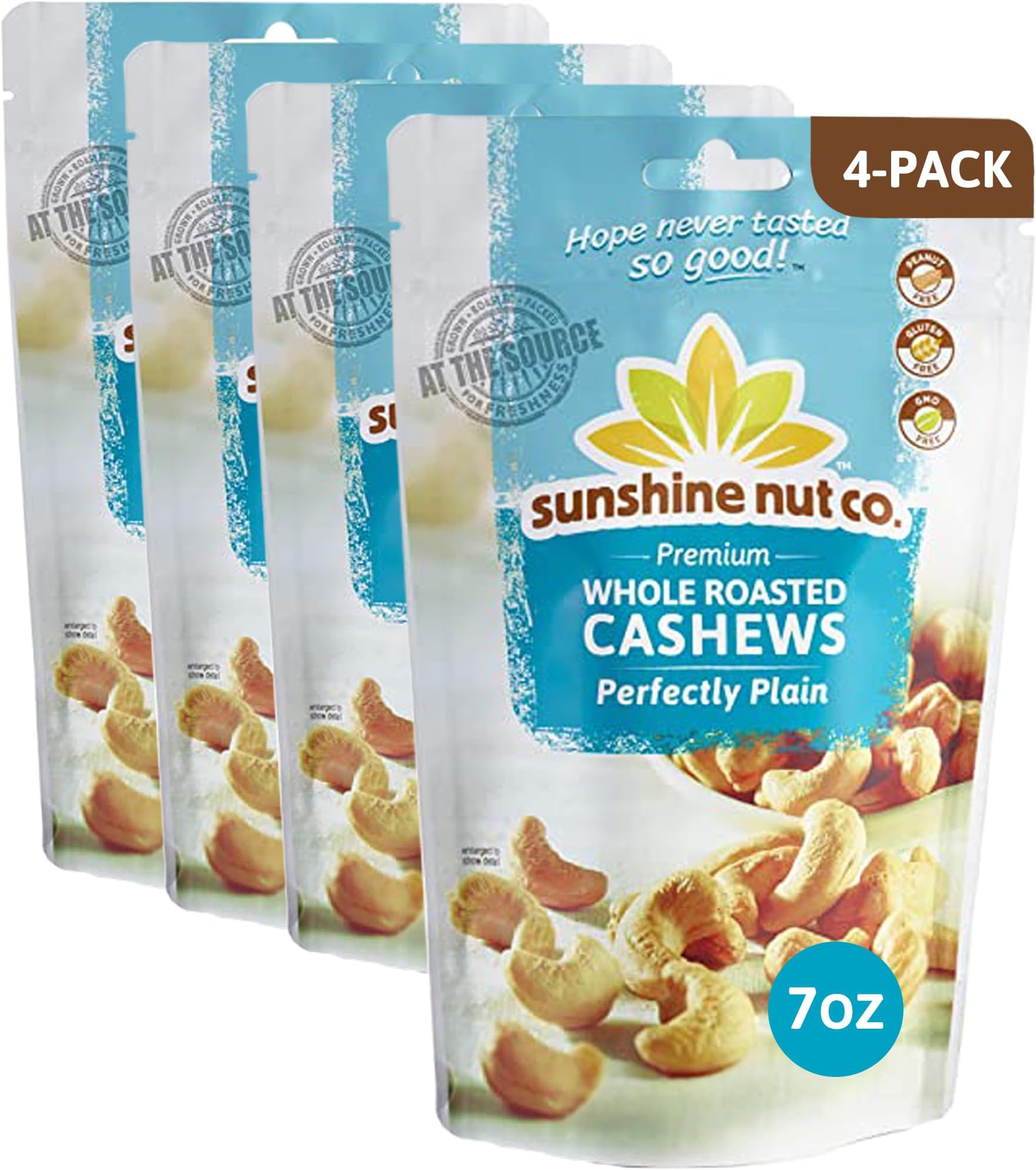 Sunshine Nut Company Whole Roasted Cashews, Perfectly Plain Flavor, No Added Salt, 4 Pack, 7 oz. Each, Gluten Free, Peanut Free and Vegan Individual Snack Packs for Kids and Adults, GMO Free