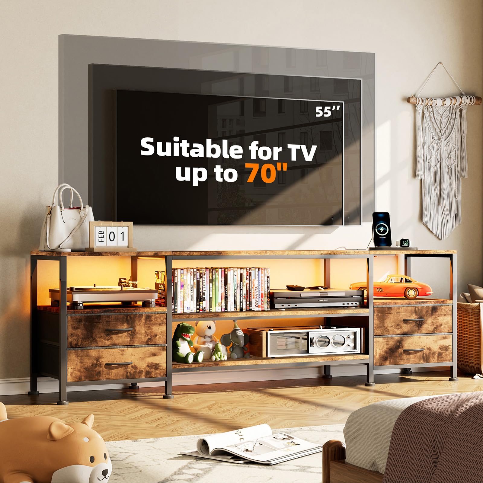 Mobile TV con Luci LED, 2 Porte USB e 4 Prese, Supporto TV fino a 70 Pollici, 4 Cassetti e 4 Scomparti, Struttura in Acciaio, 160x63x40 cm, per Soggiorno e Camera da Letto, Marrone Rustico