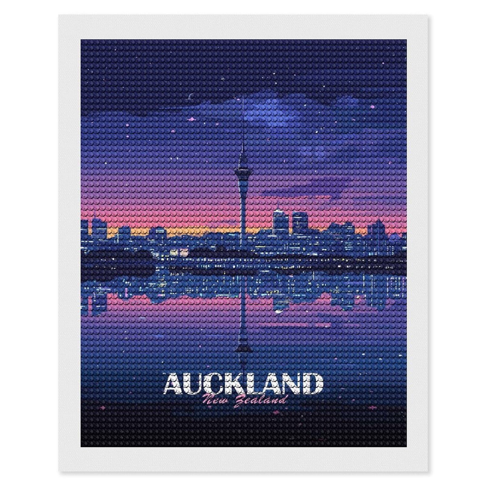 Junmoney Auckland New Zealand Skyline at Night DIY Diamond Art Canvas Kit 16"x20", for Teens, Finish and Display, Holiday Gift Idea, Vintage Style Decor