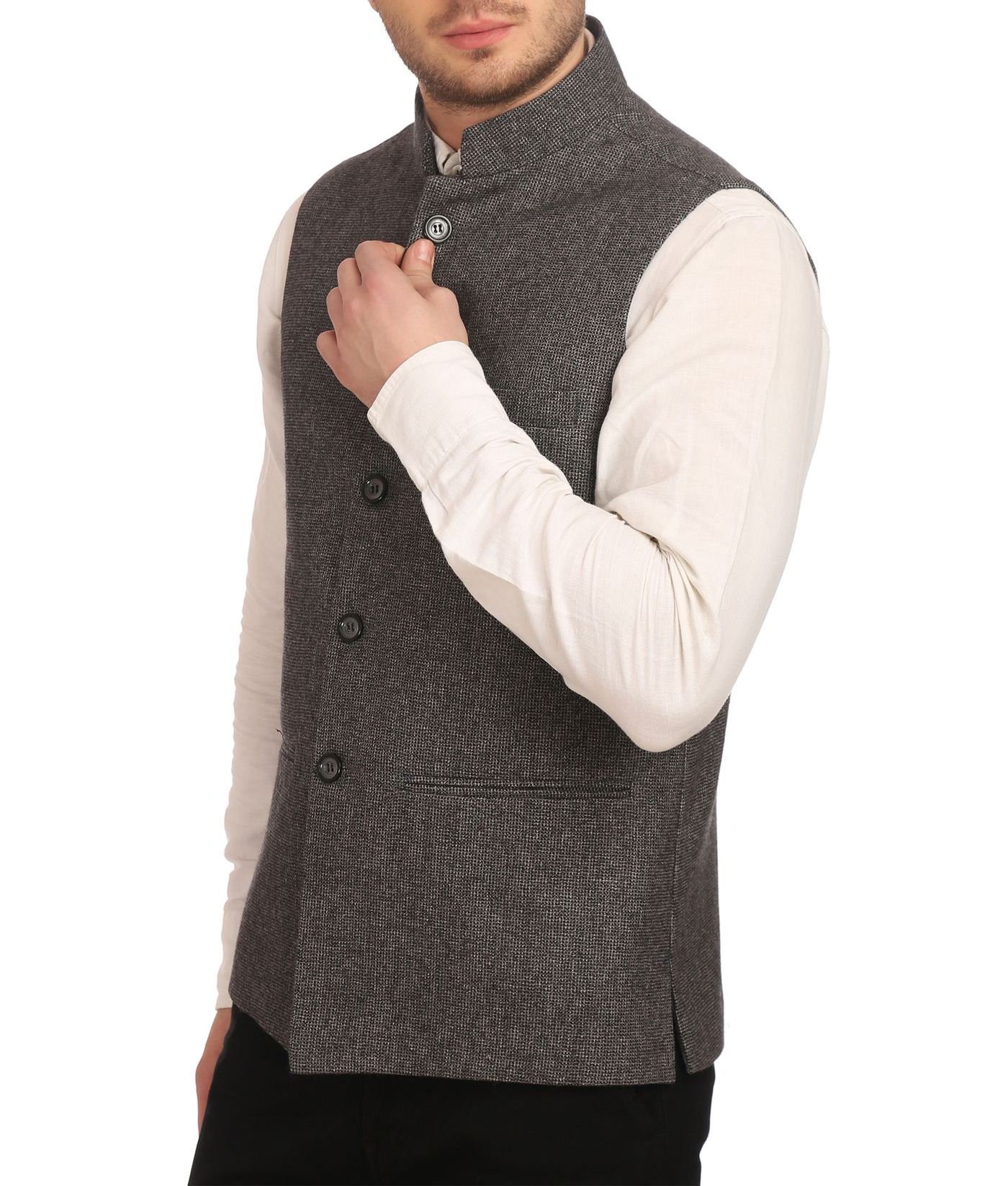 WINTAGE Men's Tweed Bandhgala Festive Nehru Jacket Waistcoat Grey - Image 2 thumbnail