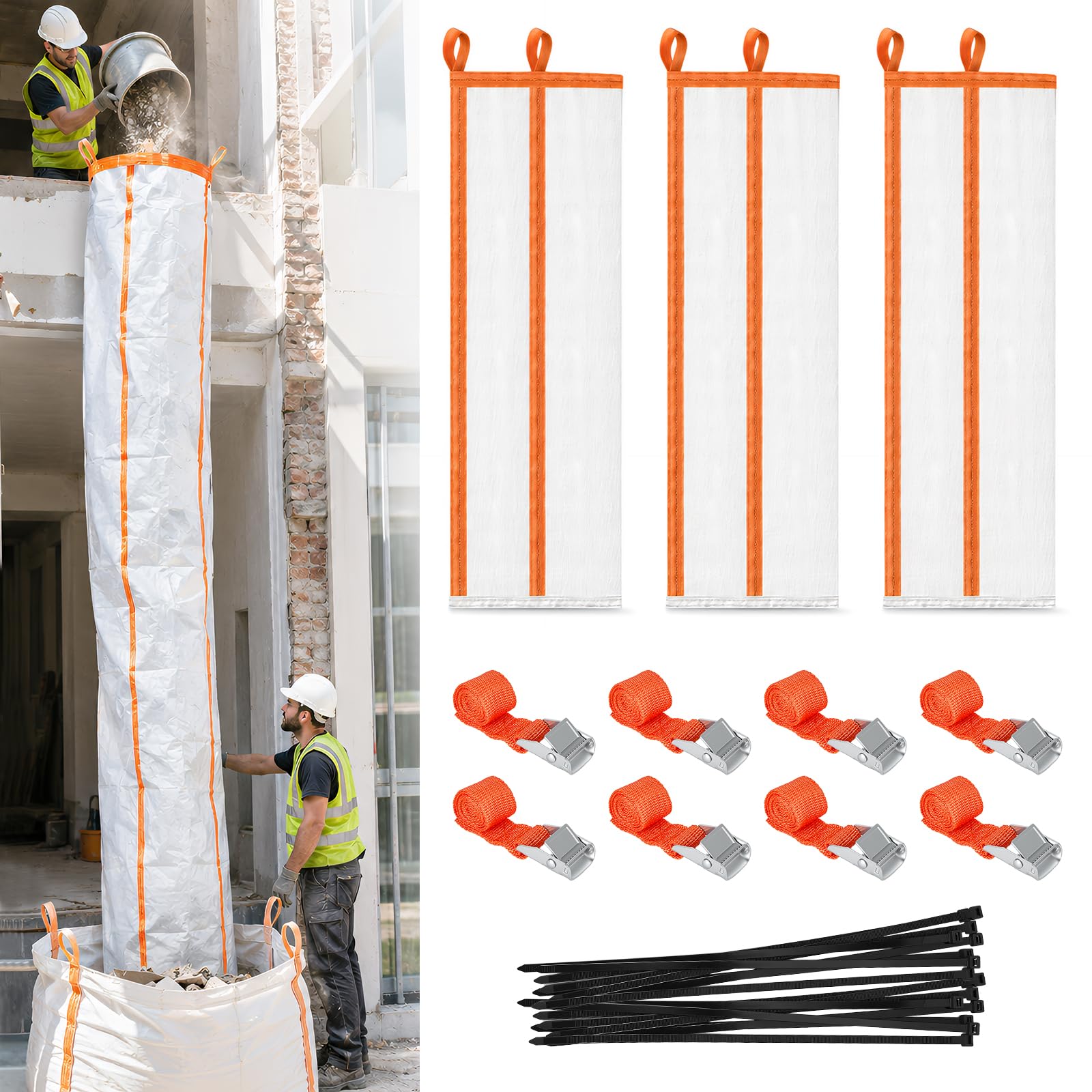 Canal de Residuos de Obra 3 Unidades 3m Polipropileno Resistente, Tubo de Escombros Apilable Plegable para Reforma y Demolición, Kit Completo con Correas y Bridas