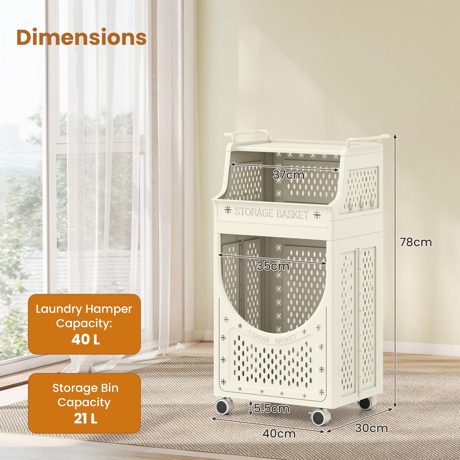 GIANTEX - Carrello portabiancheria con 4 ruote e 6 ganci, cesto per la biancheria da 40 L, design pieghevole, contenitore per la biancheria e organizer per bagno, camera da letto, dormitorio