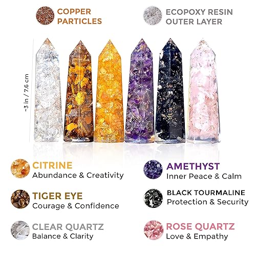Miniatura 2 de Healing Crystal Wand Set of 6 Orgonite  Includes 3 Amethyst Crystal Tigers Eye Rose Quartz Black Tourmaline Stone Citrine and Clear Quartz Orgone