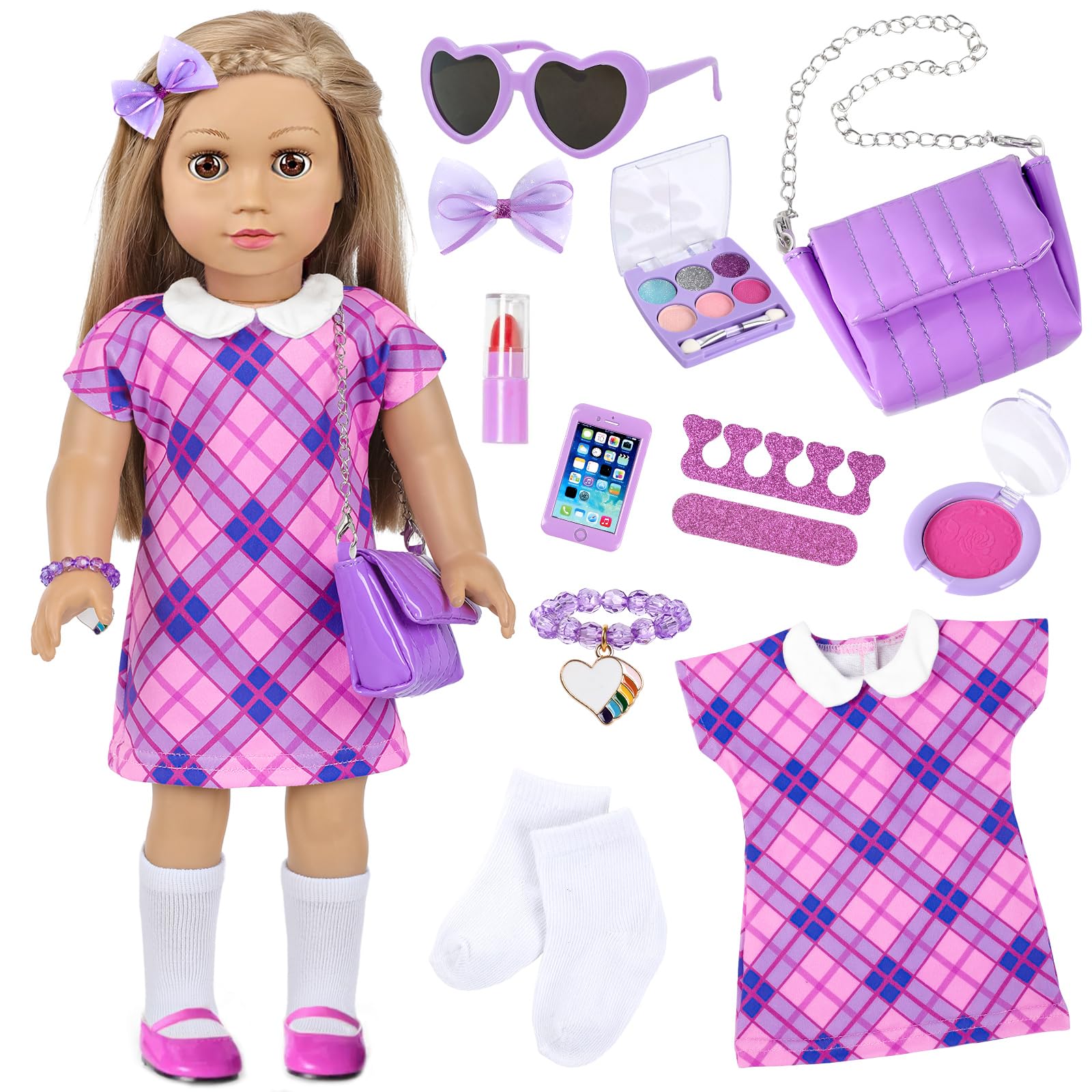 ZNTWEI American 18 Inch Doll Clothes and Makeup Accessories Playset Fit 18 Inch Doll Includes Dolls Clothes Sunglasses Phone Eye Shadow Plate Bag Lipstick Bracelet Blusher Hairpins
