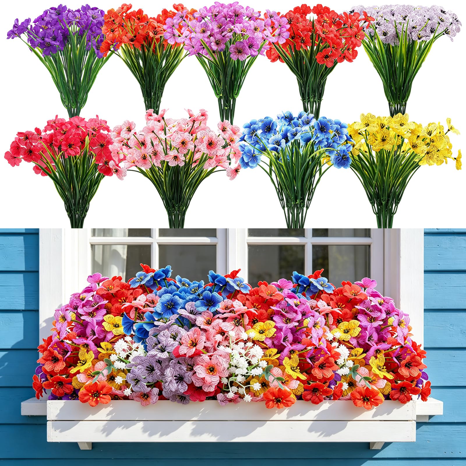 18 Bundles Artificial Flowers Outdoor, Mixed 9 Colours No Fade Fake Plants