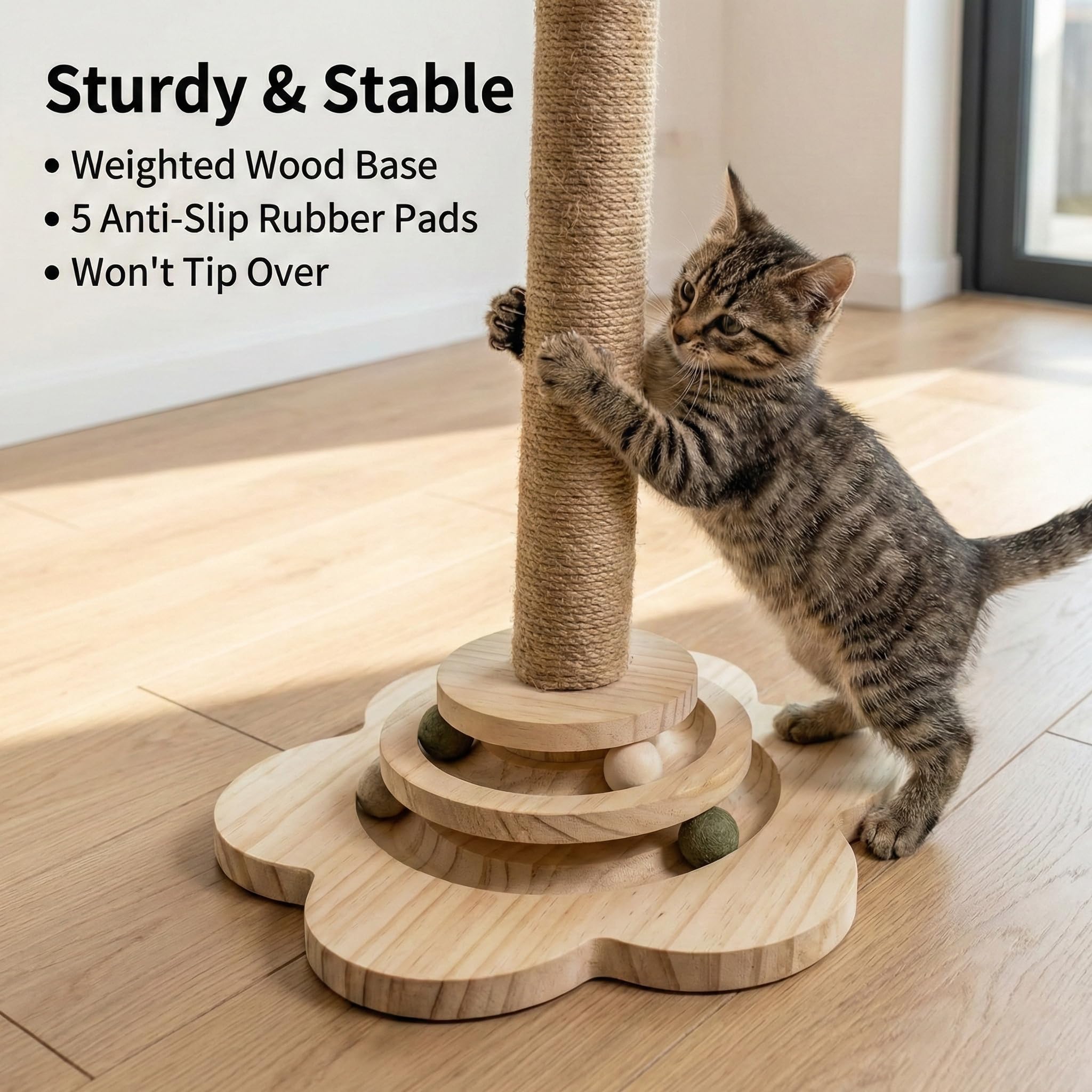 Rascador para Gatitos de Madera - Poste de Rascado Interactivo con Circuito de Bolas y Pluma - Árbol para Gatos Pequeño (46cm) de Cuerda de Yute Natural - Base Antideslizante y Estable (Beige)