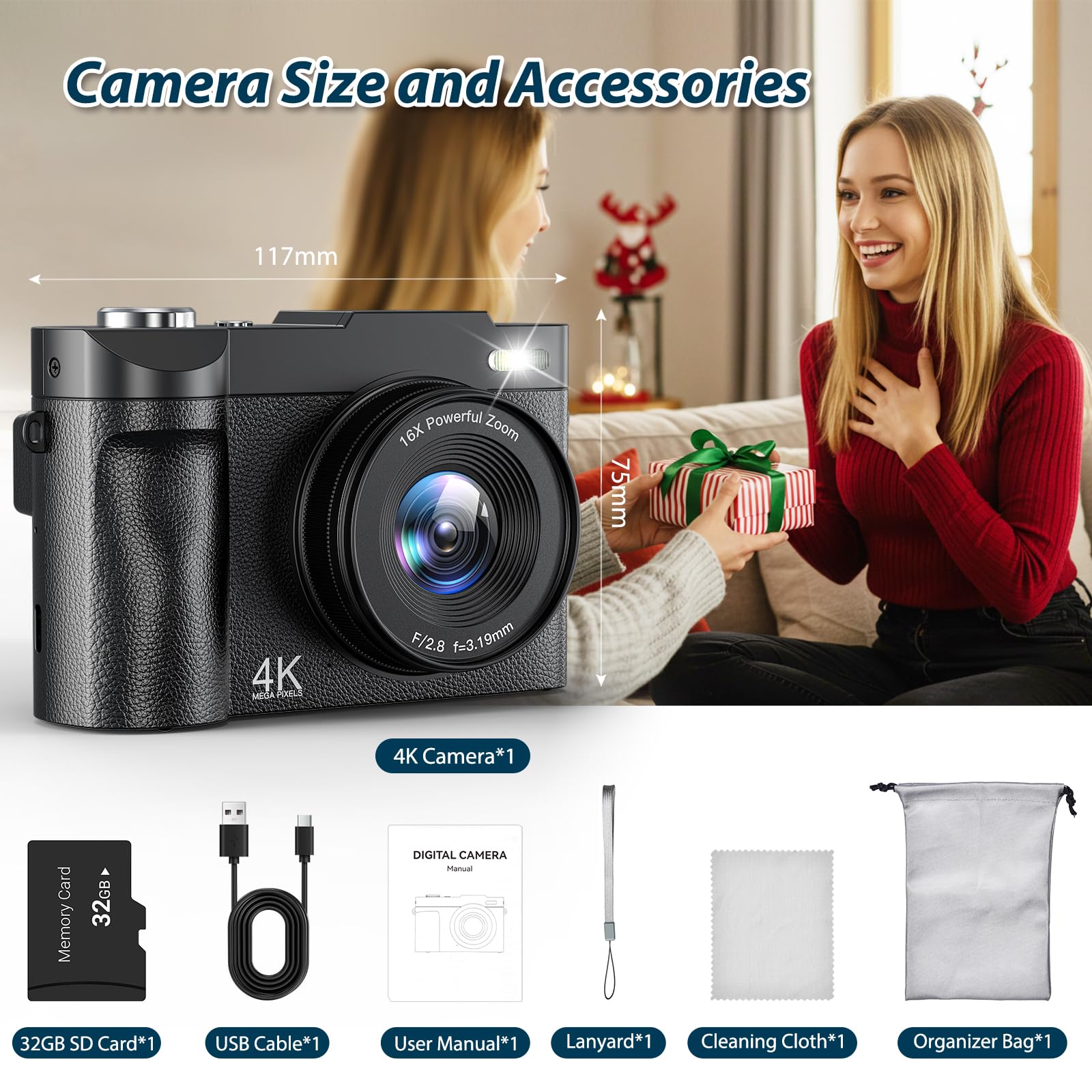 Cámara Digital 4K 50MP Cámara de Fotos Zoom Digital 16X Cámara Fotográfica 2.8" 180 ° Flip Pantalla Vlogging Cámara Compacta con Tarjeta De 32 GB para Principiantes Adolescentes