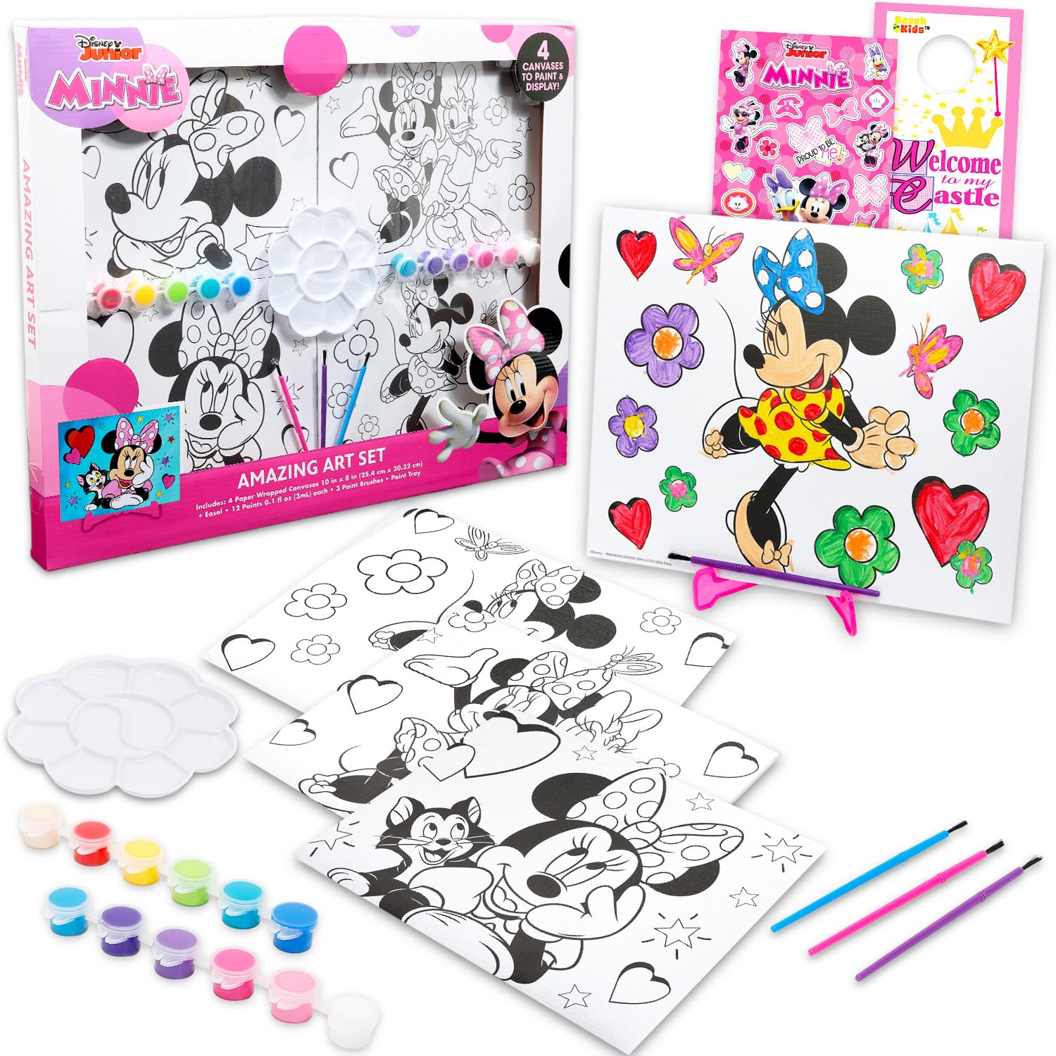 Disney Girls Multicolor Minnie Mouse Painting Set For Art Supplies Bundle With 4 Canvases, Paint, Easel, Stickers, More | Minnie Mouse Arts And Crafts Gifts For Kids