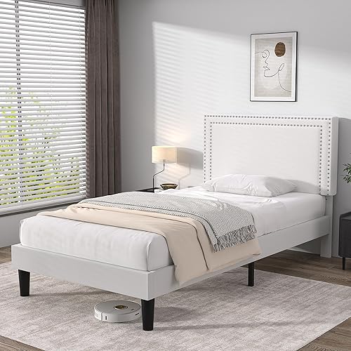 VECELO Twin Size Bed Frame Velvet Upholstered Platform with Headboard, Modern Mattress Foundation, Wood Slat Support, No Box Spring Needed, Noise-Free, Easy Assembly