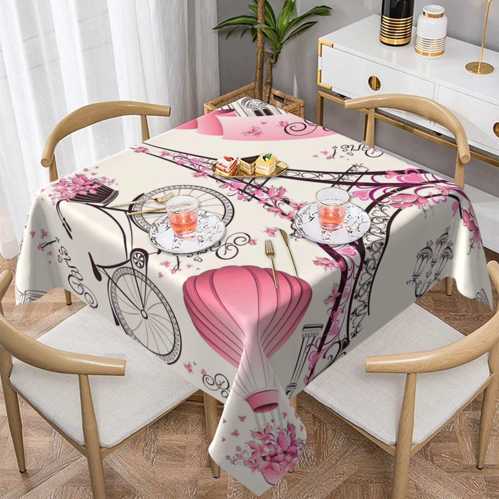 DCEHGEW Romantic Paris Eiffel Tower Bycicle Prints Square Tablecloth 152x152 CM, Waterproof Fabric Table Cloth for Dining Table, Farmhouse Table Cover for Kitchen Dining Tabletop Decoration