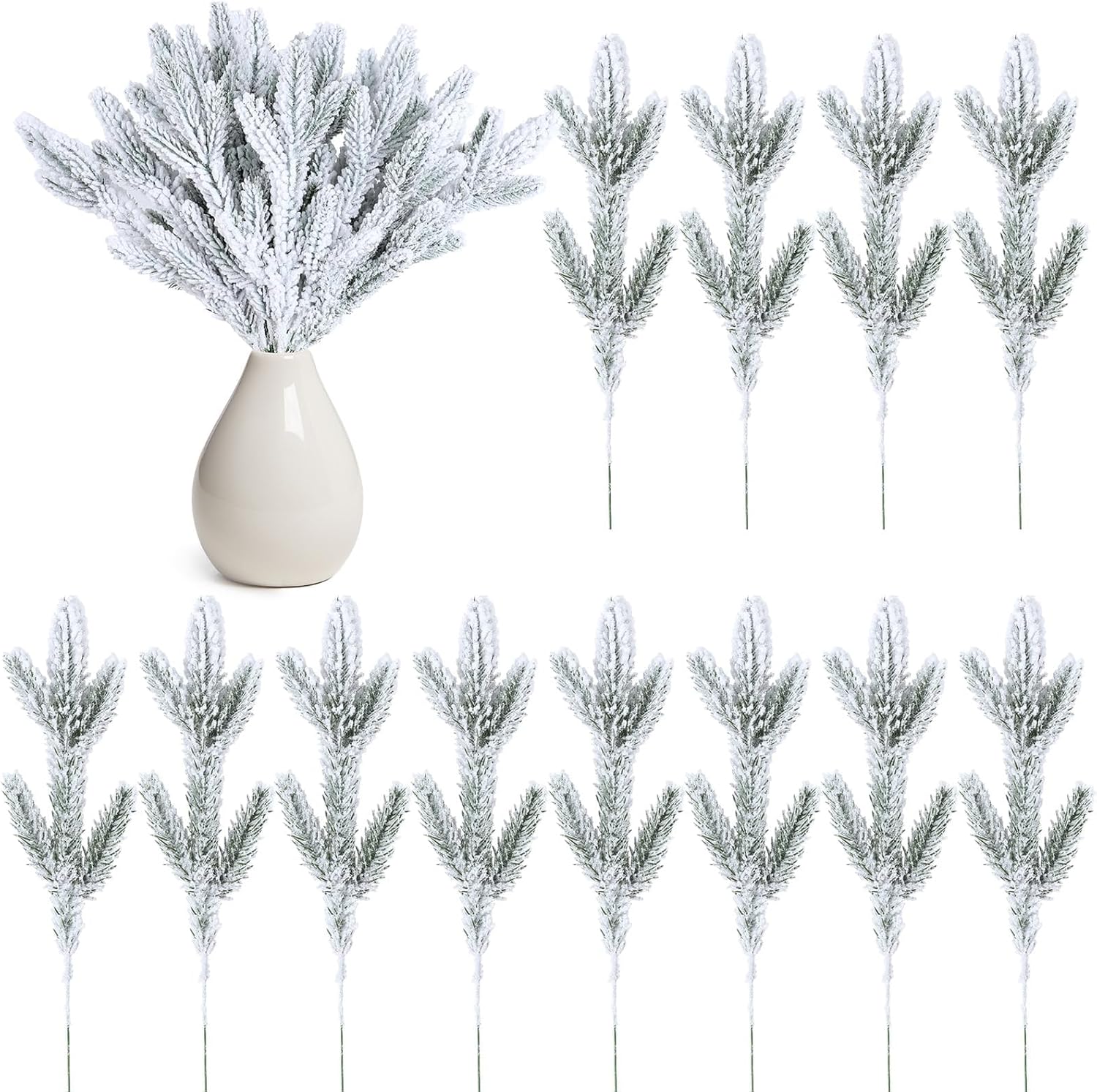 clothmile 100 Pcs Snow Frosted Pine Branches Artificial Christmas Pine Branches Snowy Pine Needles Fake Greenery Pine Spray Picks for DIY Garland Crafts Winter Tree Decorations 100 Style 1