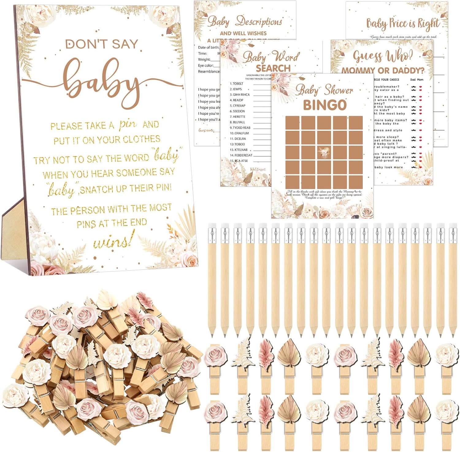 Patelai 321 Boho Pampas Grass Baby Shower Decorations Games Supplies Boho Baby in Bloom Gender Reveal Don't Say Sign for Bohemian Pampas Grass Themed Gender Reveal Birthday Party Decorations Supplies