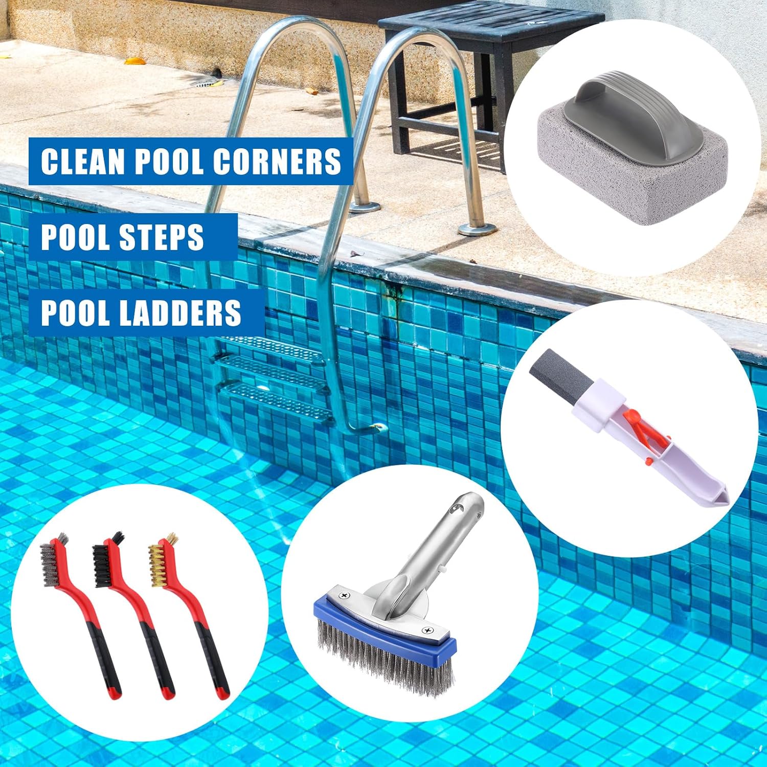 Sliner 6 Pcs Pool Cleaning Kit 5 Inch Stainless Steel Pool Brush Pumice Stone Metal Wire Bristles Srubber Calcium Remover for Swimming Build-up on Tiles, Rust Stains on Concrete Walls