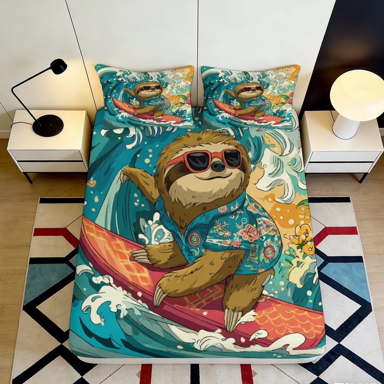 Pnayamiorkfel Style-5 3D Printed Surfing Sloth Fitted Sheet Microfiber Cartoon Tropical Bed Cover Anti-Slip Washable For Bedroom Guest Room 90X200x25cm