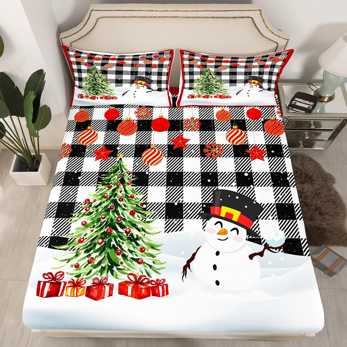Christmas Fitted Sheet King Size, Xmas Tree and Snowman Bed Cover with 2 Pillowcases, Grey Black Plaid Bedding Set 3pcs for Kids Boys Girls Room Decor, Soft Polyester Bedding — image 1