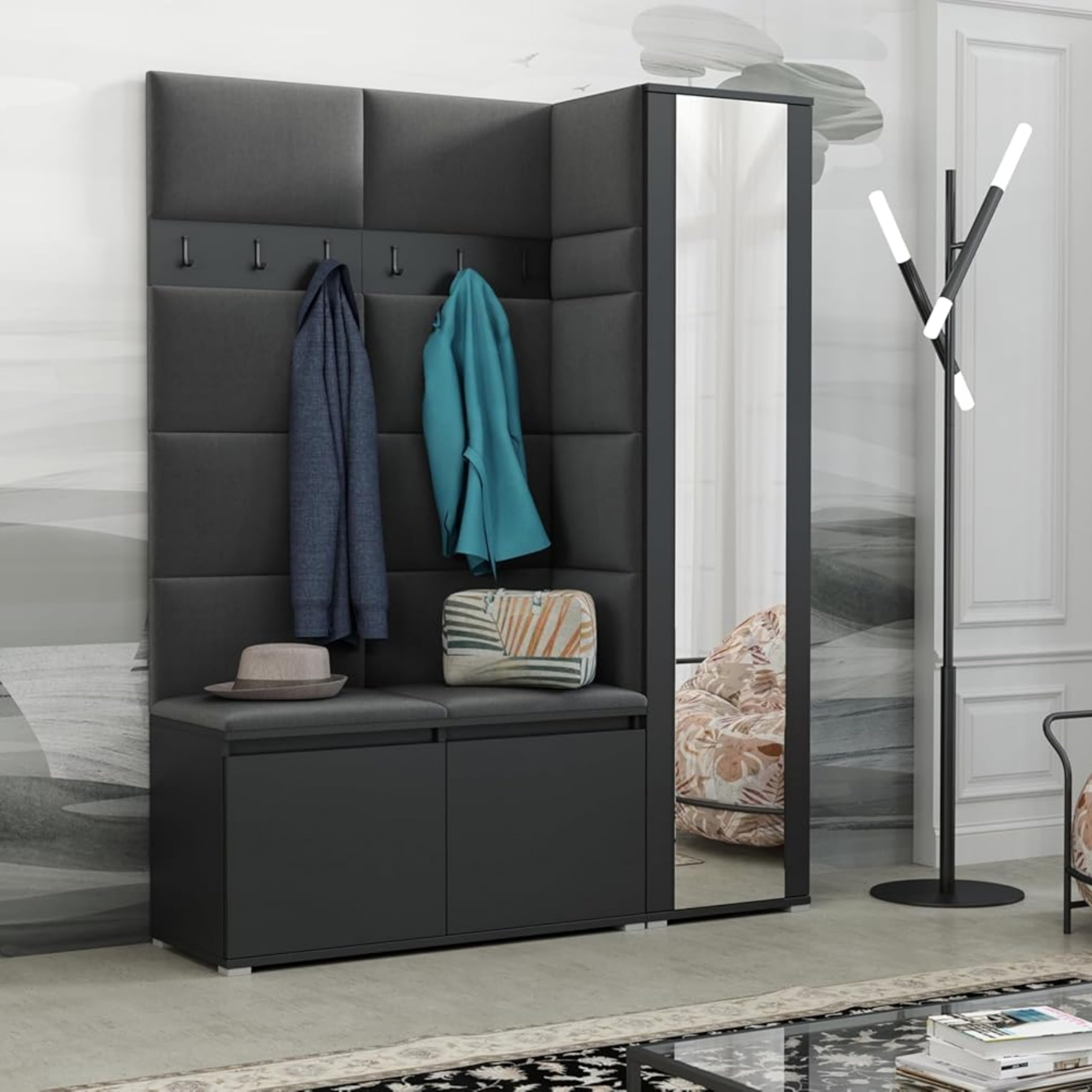 Brent Garderobenschrank Flur Schwarz mit Sitzbank 145 cm Breit Luton 7 Multifunktionale Flurgarderobe Set mit Stauraum und Wandpaneel