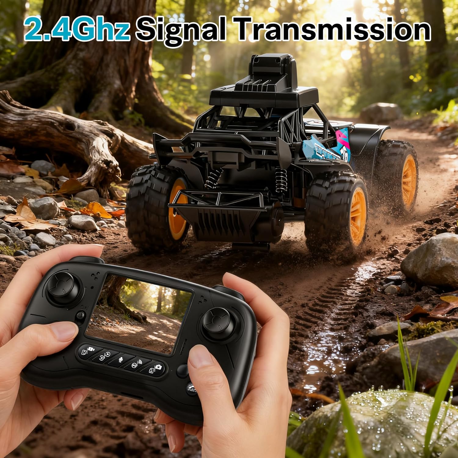 Remote control with 2.4 inch LCD screen displaying live FPV feed