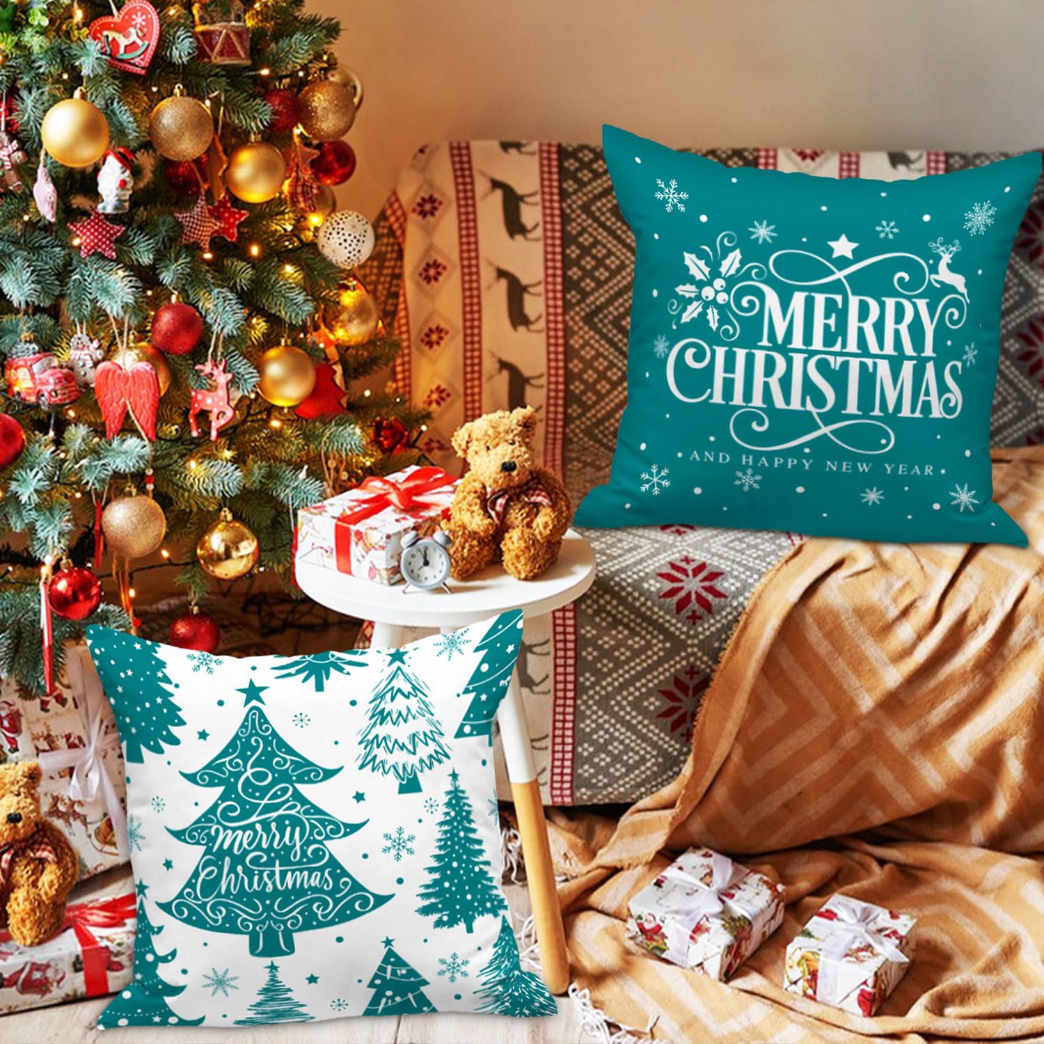 Lanpn White and Teal 45x45 Christmas Pillow Covers Set of 4 - Image 2