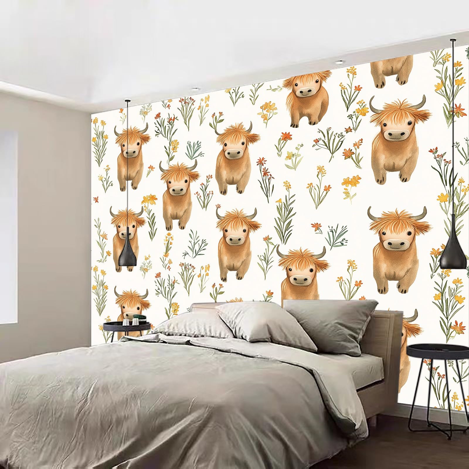 Tapeta ścienna z motywem zwierzęcia z kreskówki, wołowina górska, fototapeta, zwierzęta z kreskówki, tapeta ścienna, 400 x 280 cm (szer. x wys.), dekoracja ścienna, tapeta ścienna, tapeta z włókniny