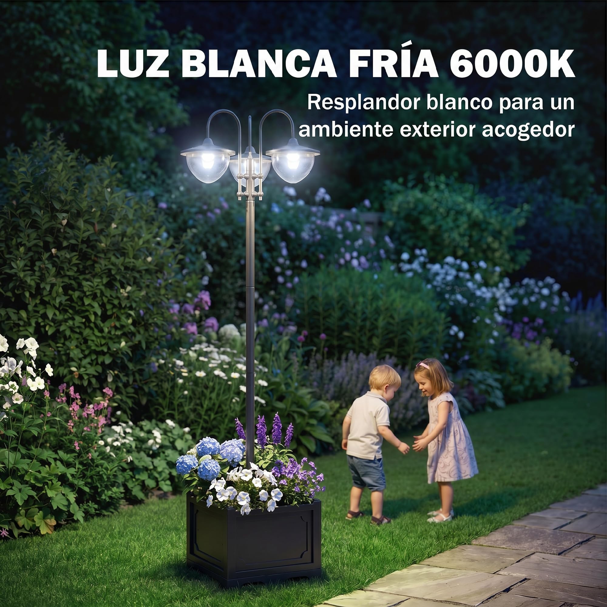 Outsunny Farol Solar de Jardín con 18 Luces LED Blanca Fría 6000K Impermeable IP44 Sensor de Noche y Base de Maceta Farola de Exterior para Camino Terraza Patio 60x55x189 cm Negro