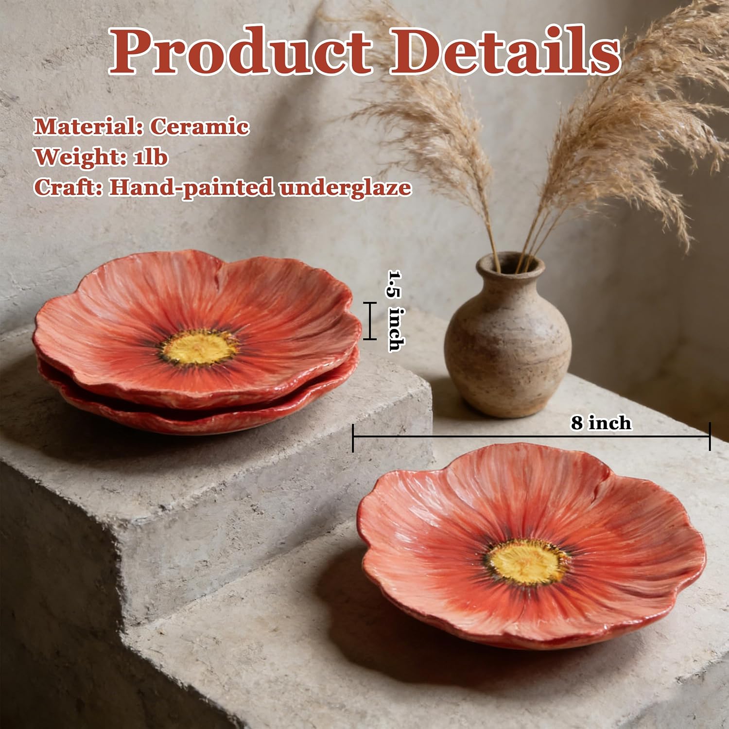 Decorative Ceramic Flower Coffee Cup Set,Coral Red, Peony Floral Design, Serving Dish for Desserts and Fruits, Elegant Tableware (Plate 8 Inch)