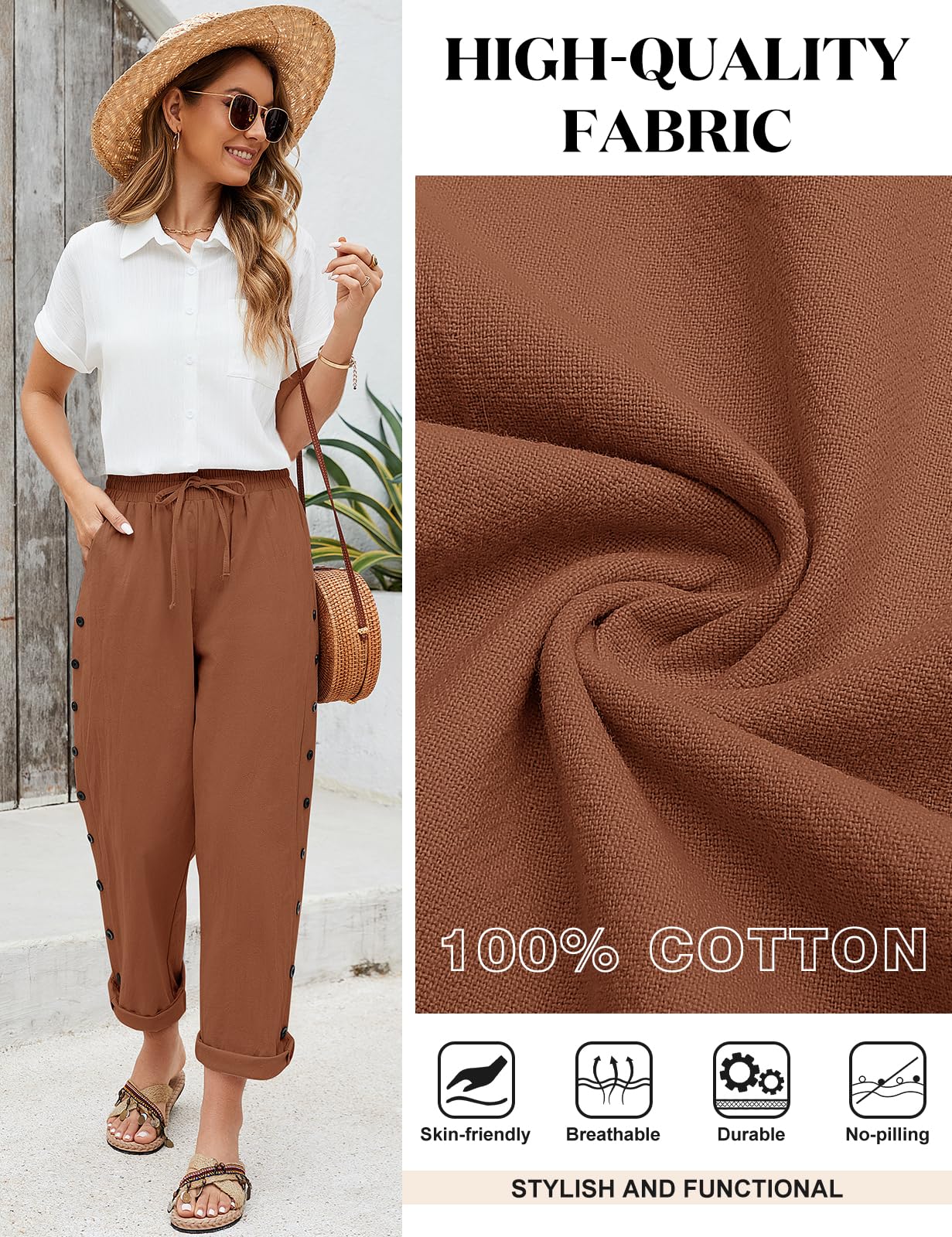 Voqeen Pantalones Verano Mujer Frescos Elástico Casuales Pantalón Anchos de Algodón Ligeros y Cómodos Pantalones Largo con Bolsillos Cordón 7/8 Pantalón de Playa Cintura Alta Suelto