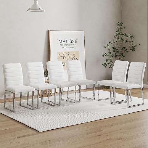 Miniatura 23 de Juego de 4 sillas de comedor modernas, sillas de cocina de piel sintética gris, sillas de comedor tapizadas sin brazos con patas mentales plateadas,