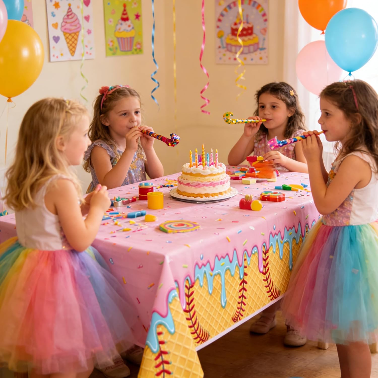 2 Pieces Ice Cream Drip Baseball Party Tablecloth, Plastic Cute Birthday Tablecloth, 54 x 108 Inch Disposable Table Cover for Girls Birthday Party, Summer Picnic, Sports Themed Decorations