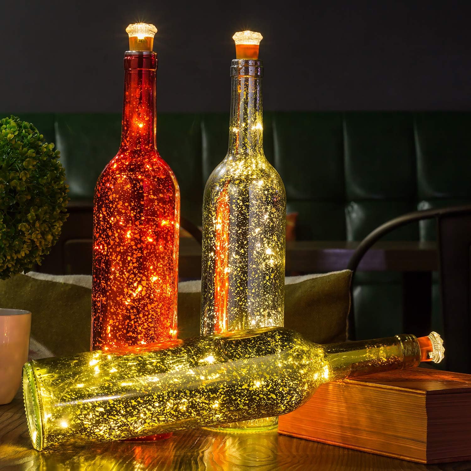HUAFA 3 Pack Wine Bottle Lights (Gold&Red&Silver Bottle), Powered by 3 Pieces LR44 Battery(Included), Decorative Lights for Party, Home Decor, Christmas, Halloween, Wedding, Bars