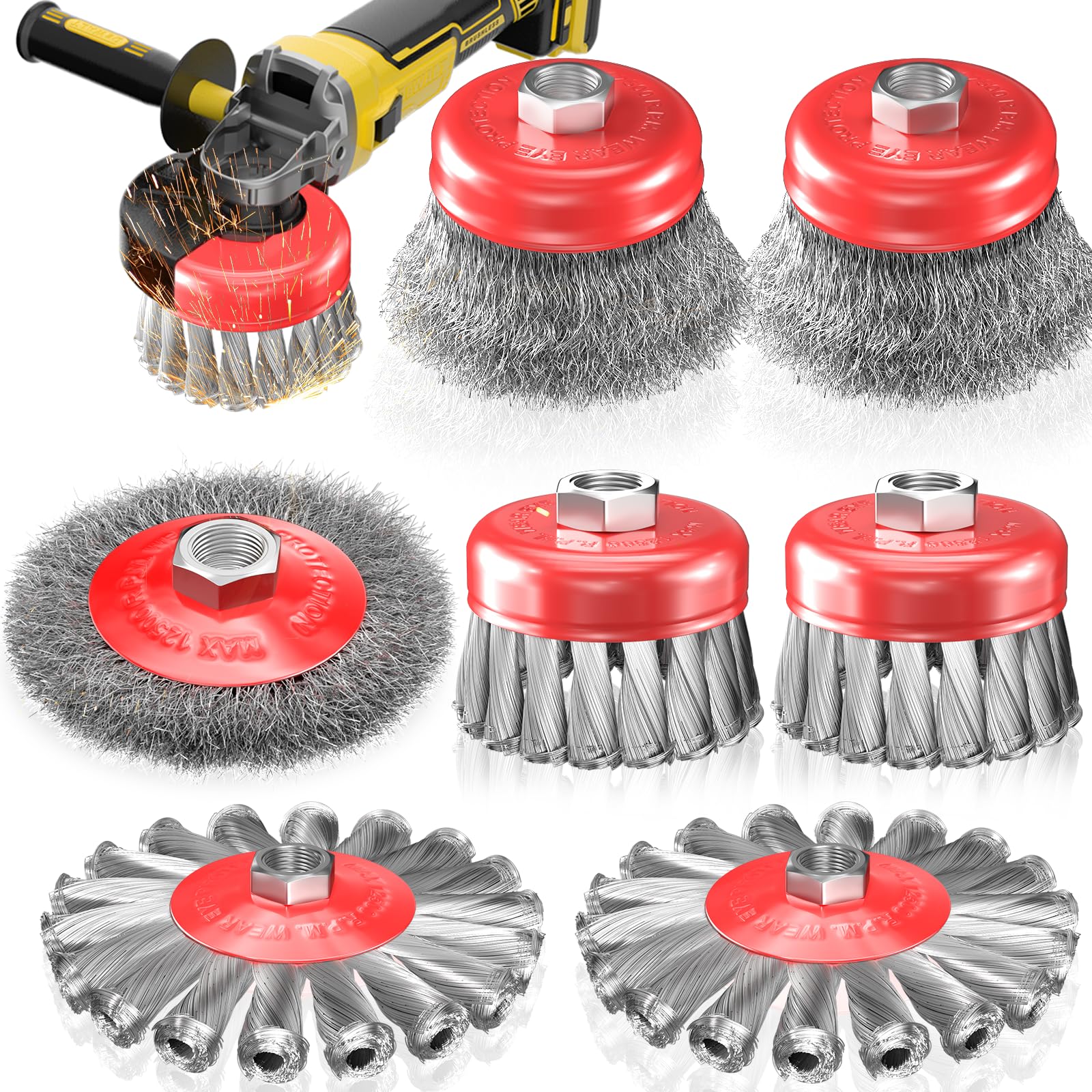 Brosse métallique pour meuleuse d'angle de 11,4 cm, en acier au carbone, brosse à meuleuse/roue nouée et bouclée (7,6 cm et 10,2 cm), rouille robuste, peinture anti-corrosion, 11 mandrin fileté UNC