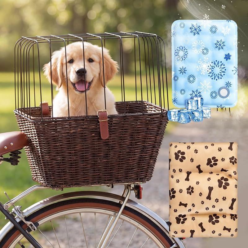 Cesta de Vime para Bicicleta para Cães Pequenos Sunnymove, com Tampa Metálica e Almofadas, Marrom, 43,0 x 35,0 x 28,0 cm