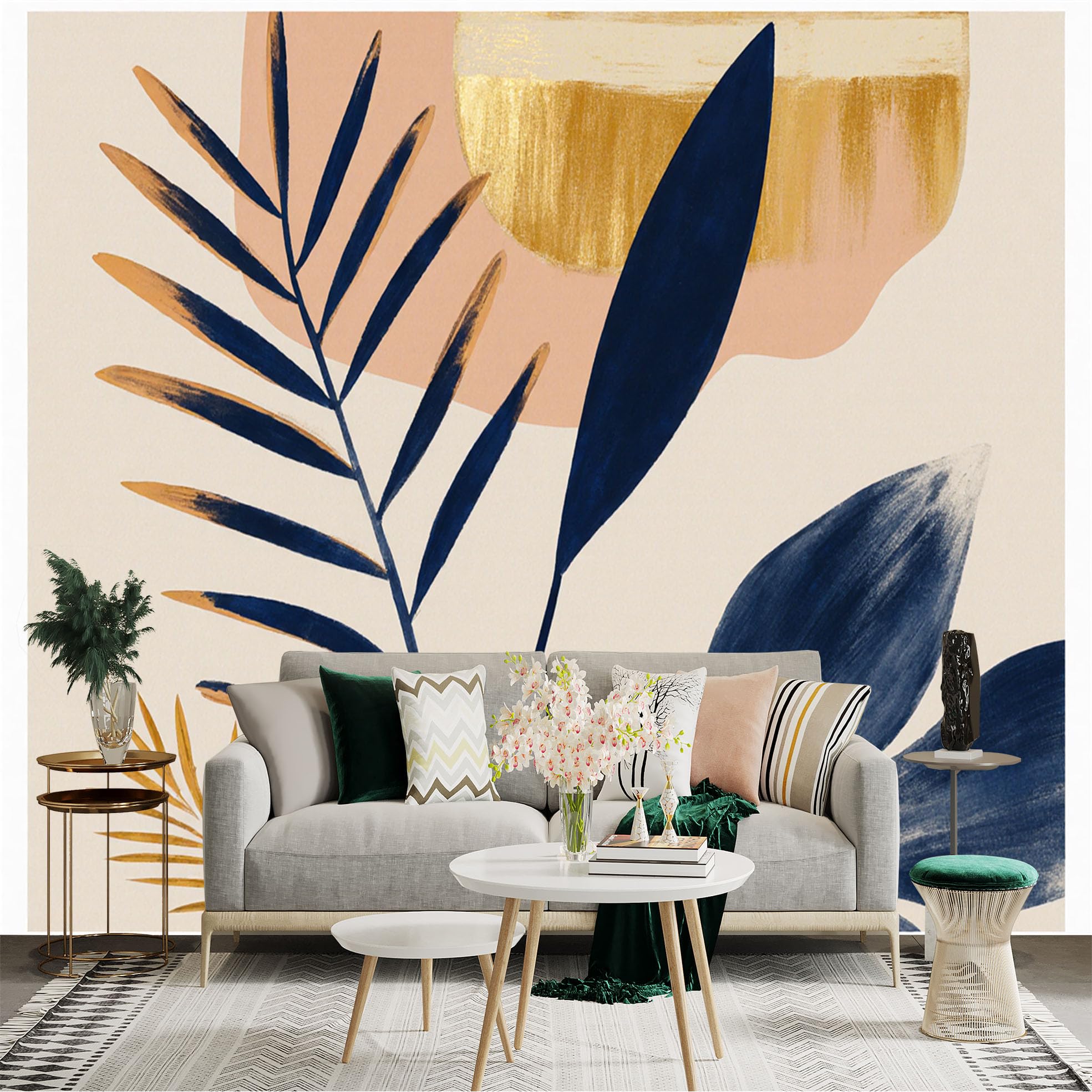 Custom Size Wall Sticker Mural， Abstract Navy Blue Tropical Leaves， Golden Brush Strokes， Modern Minimalist Botanical Art， for wall Decoration， peelandstick wall Decals.